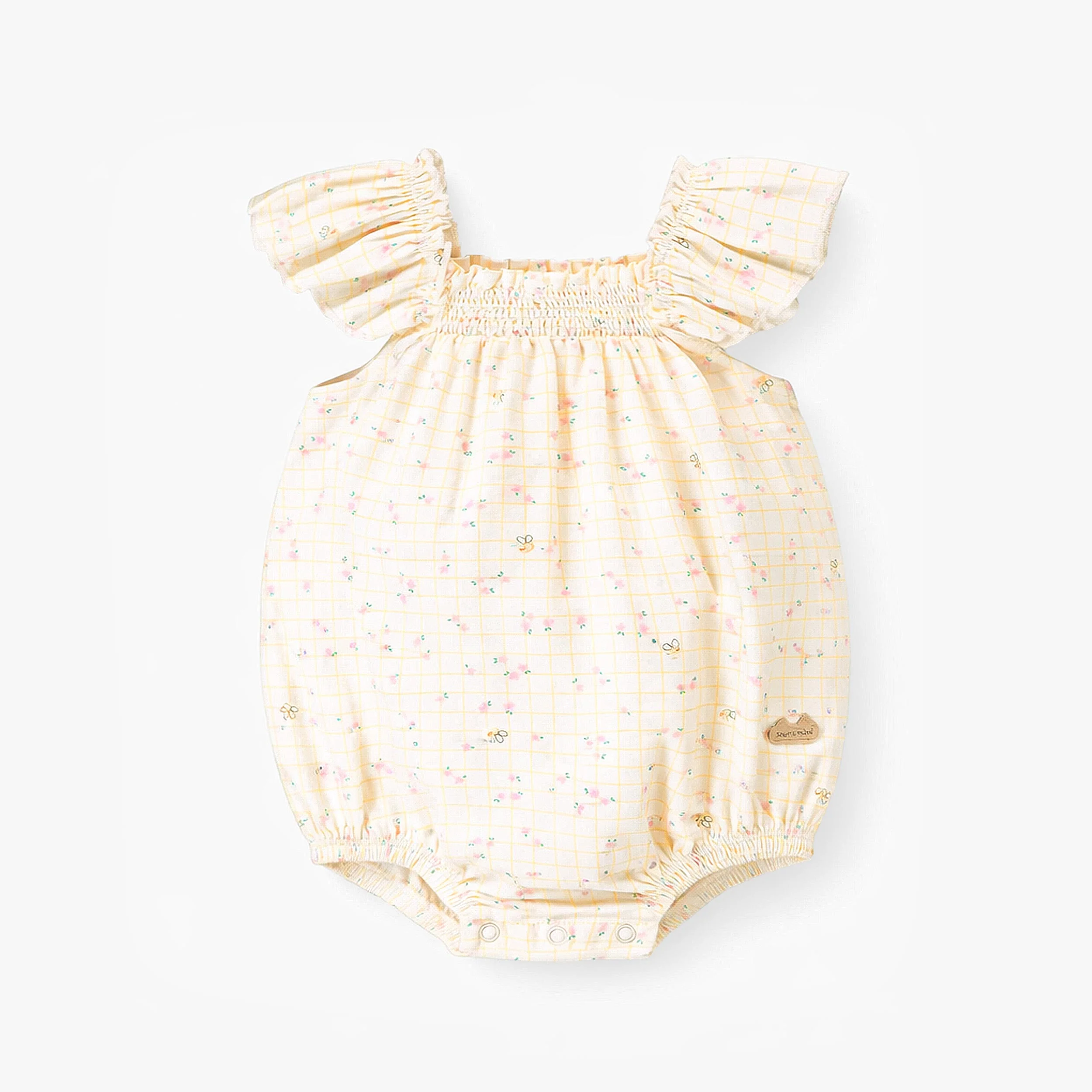 Barboteuse crème à carreaux et motif floral, naissance