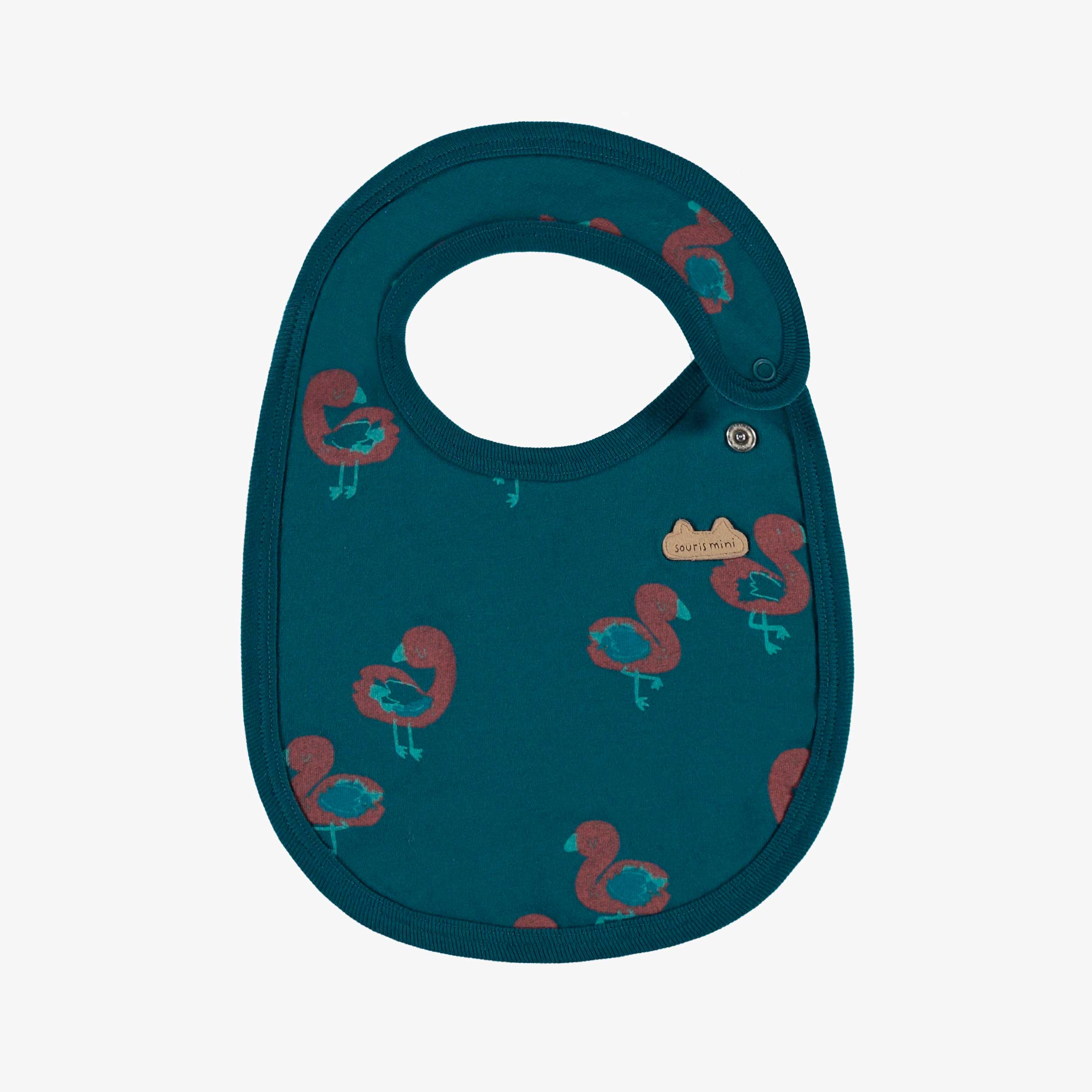 Bavoir turquoise en jersey à motifs de flamants, naissance
