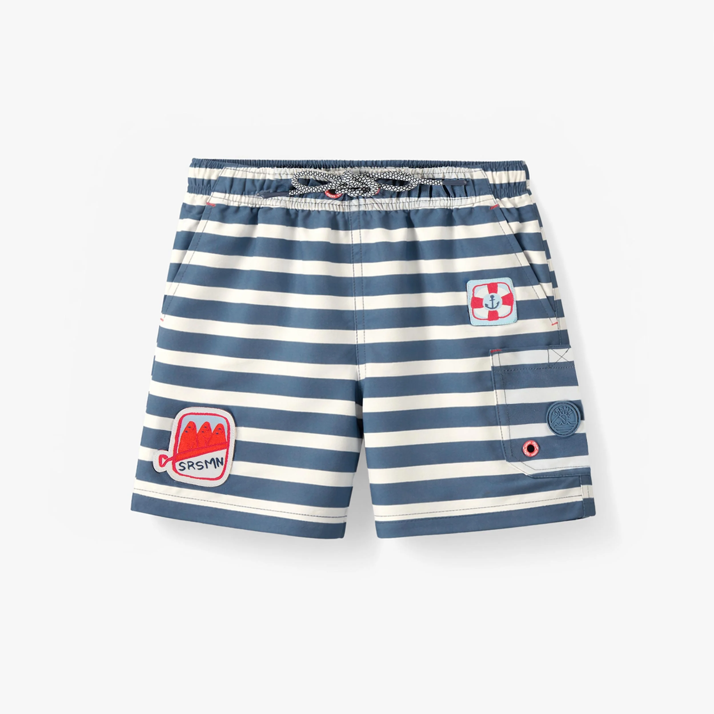 Bermuda de bain bleu et crème à rayures, enfant || Blue and cream striped swim bermuda, child