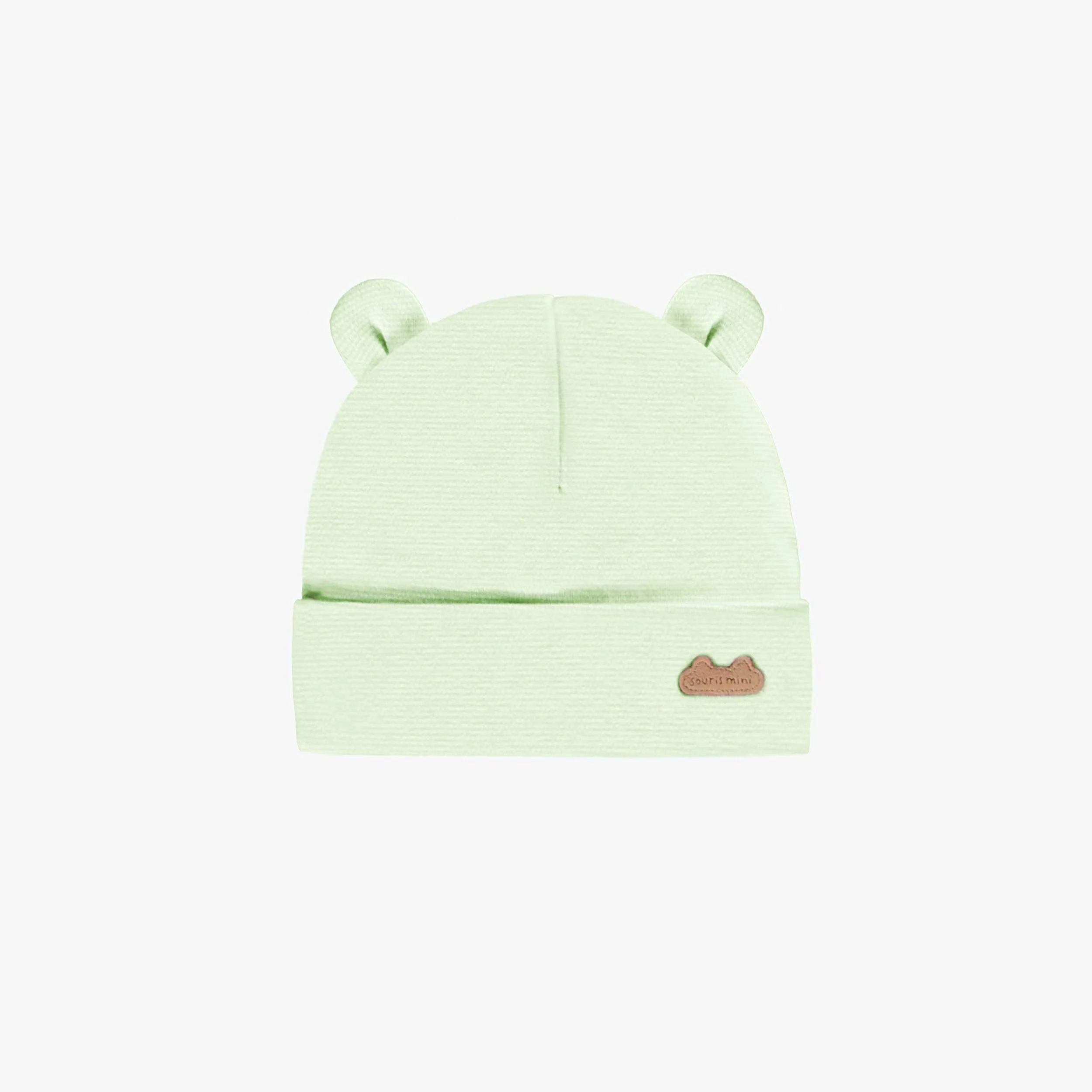Bonnet à minces rayures vertes et crèmes en coton biologique, naissance