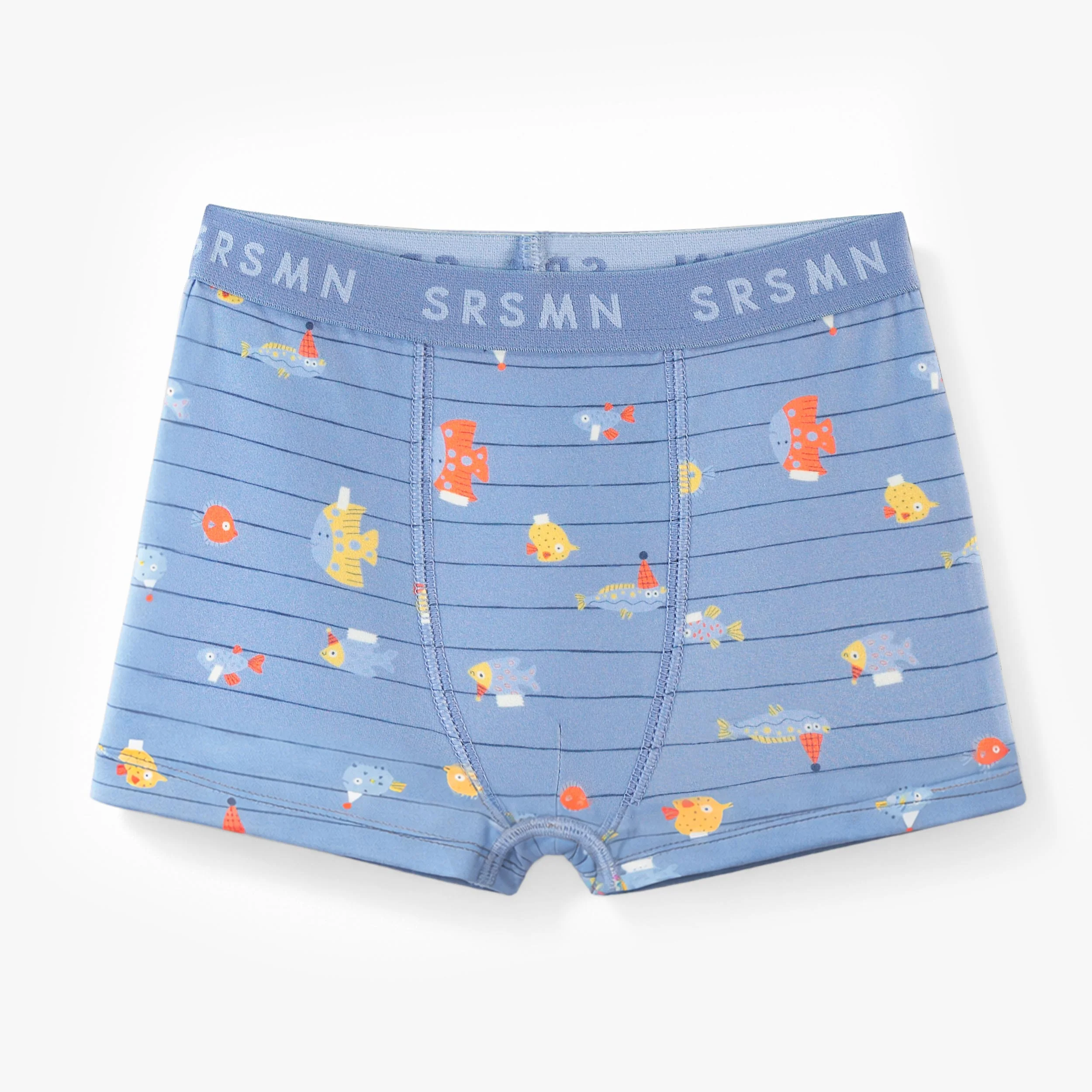 Boxer bleu avec rayures et motifs de poissons, enfant