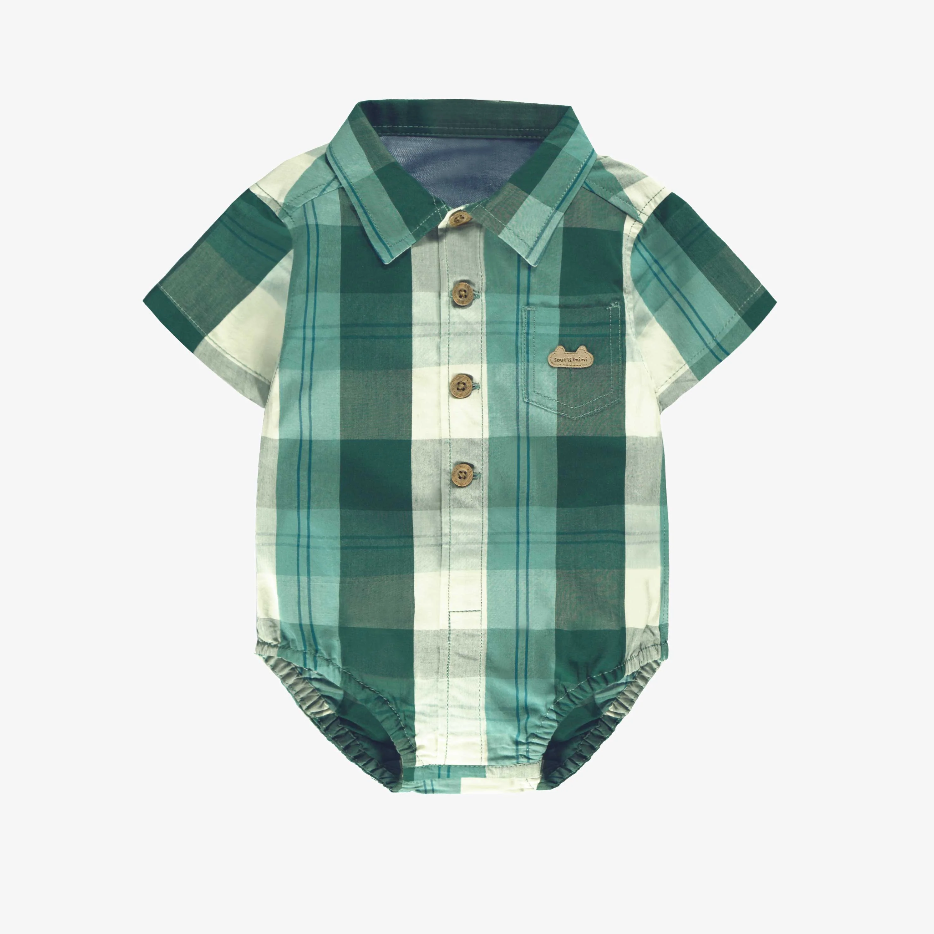 Cache-couche chemise vert et turquoise à carreaux, naissance