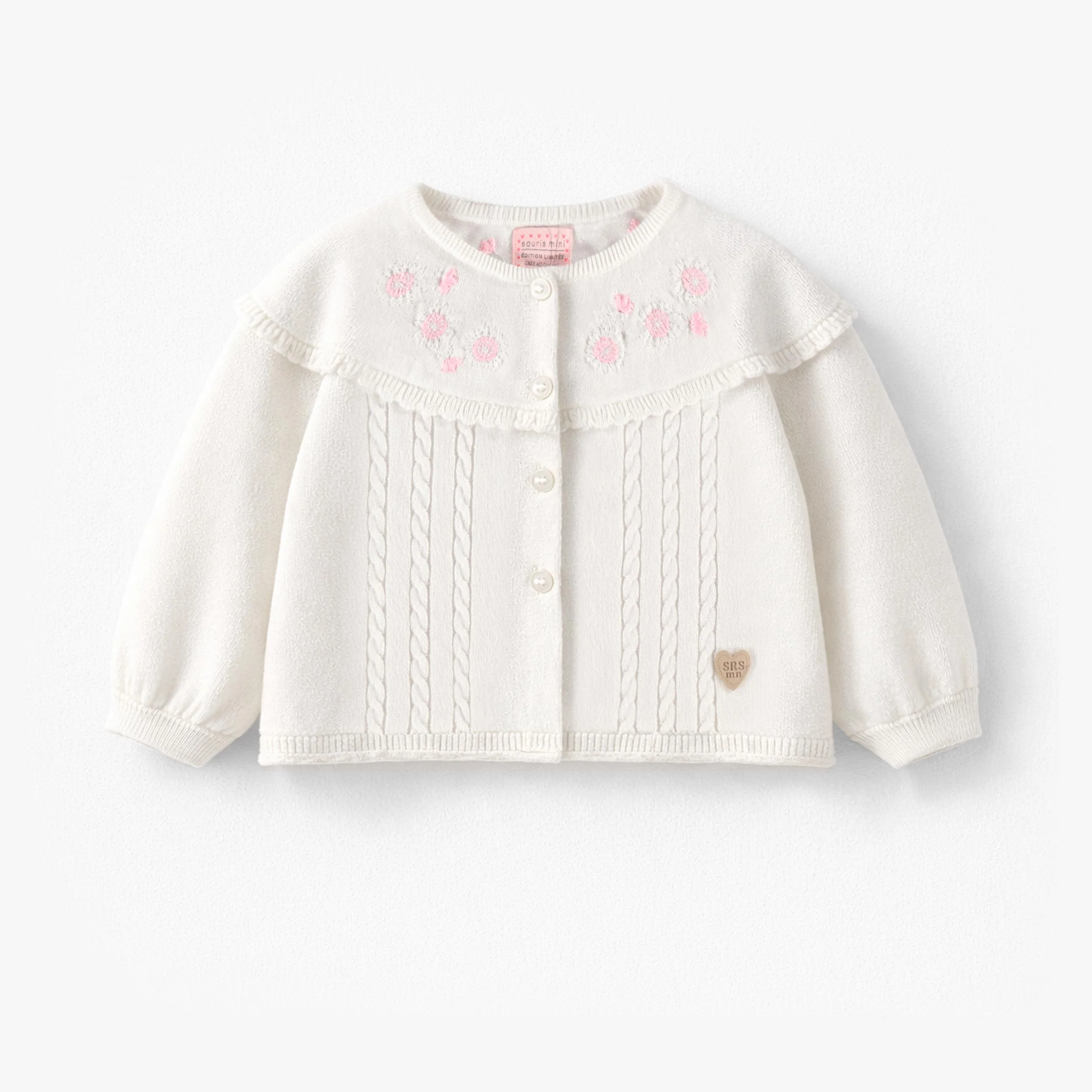 Cardigan blanc en tricot avec broderies de fleurs, bébé