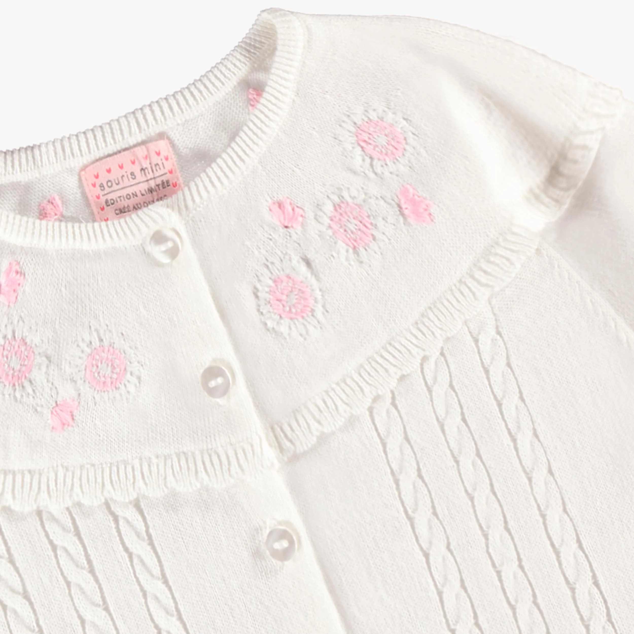Cardigan blanc en tricot avec broderies de fleurs, bébé - Image 2
