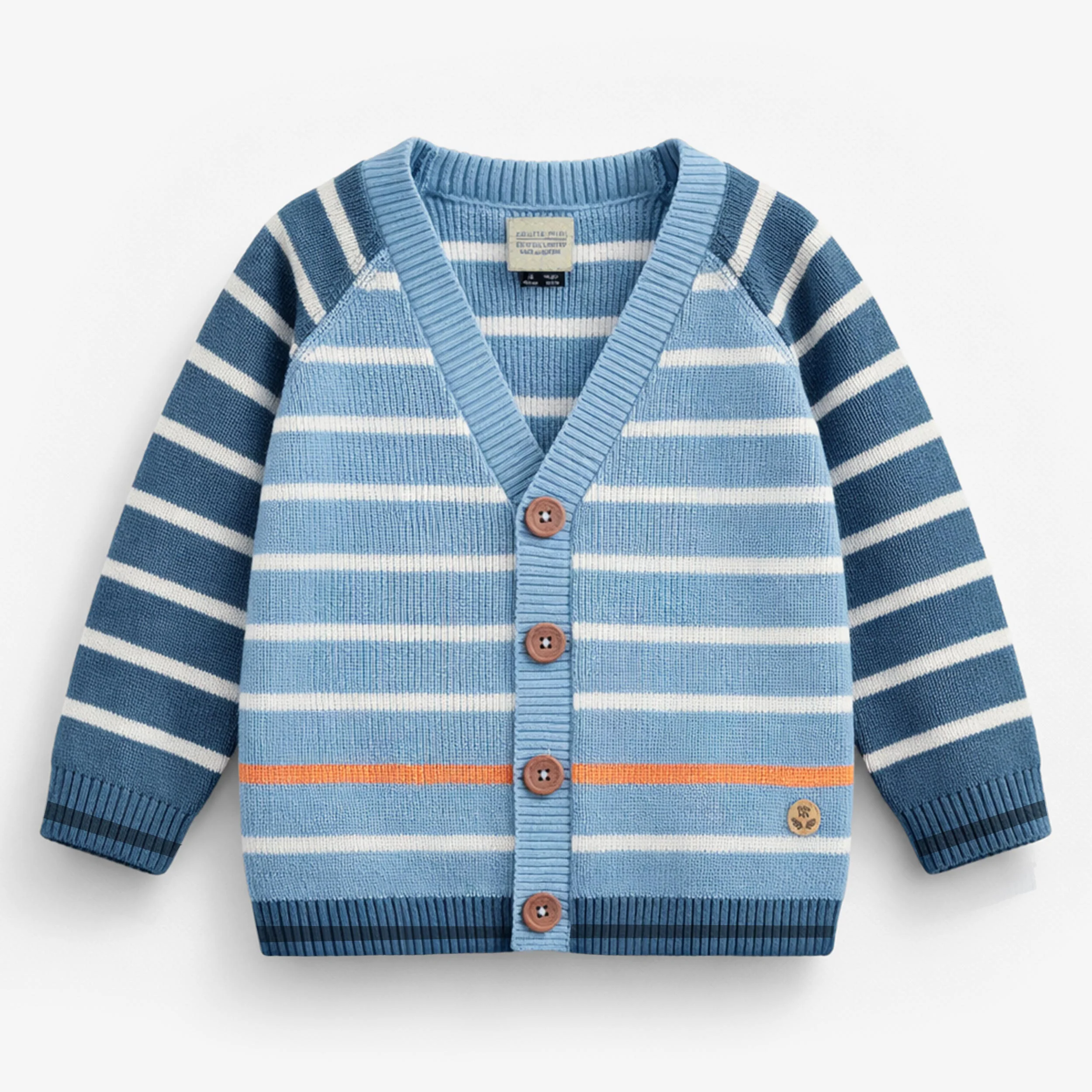 Cardigan bleu en tricot avec rayures blanches, enfant