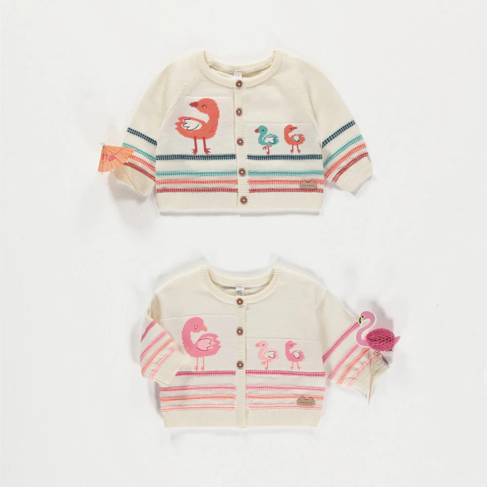 Cardigan crème en tricot avec flamants et rayures, naissance - Image 3