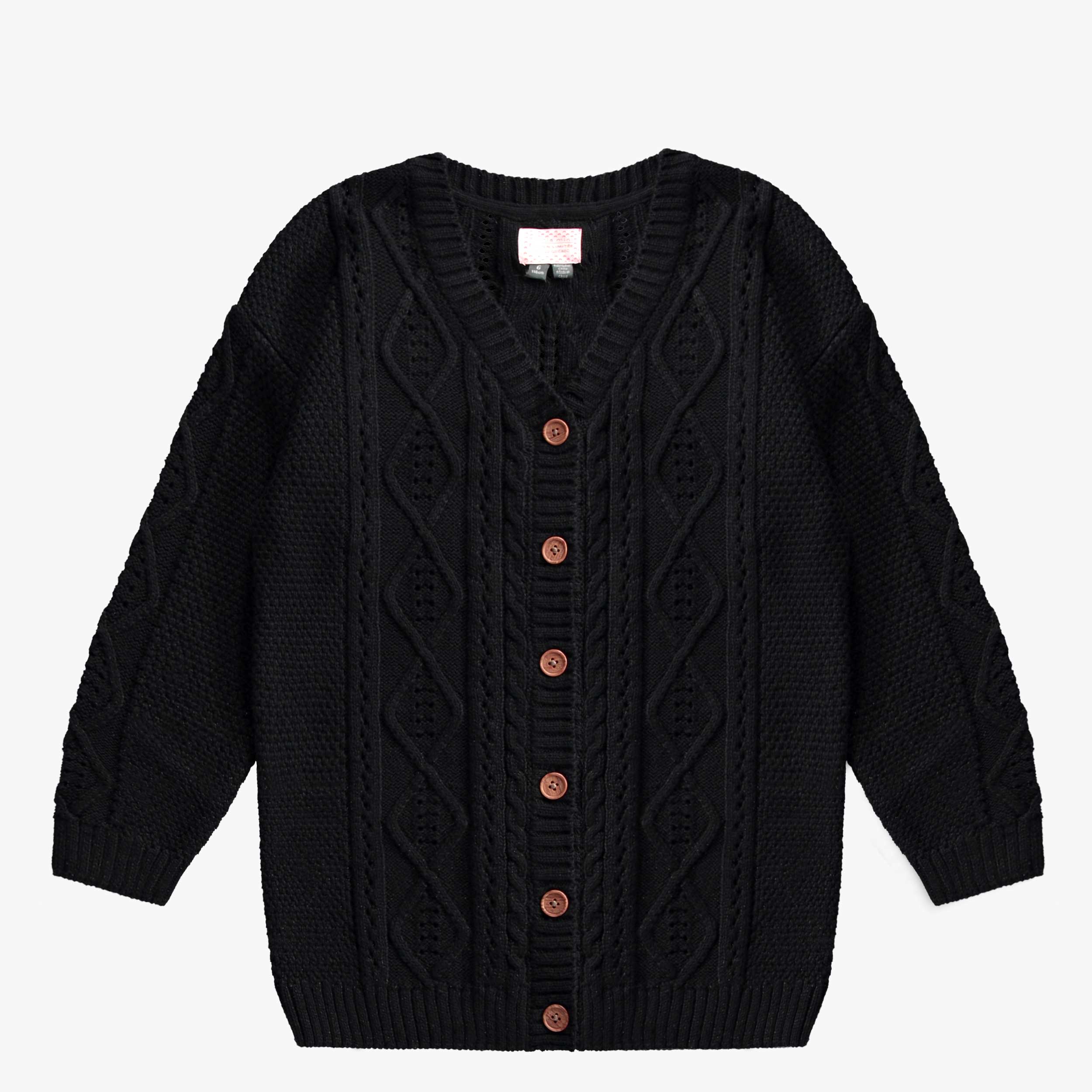 Cardigan en tricot noire à motif tressé en imitation cachemire, enfant