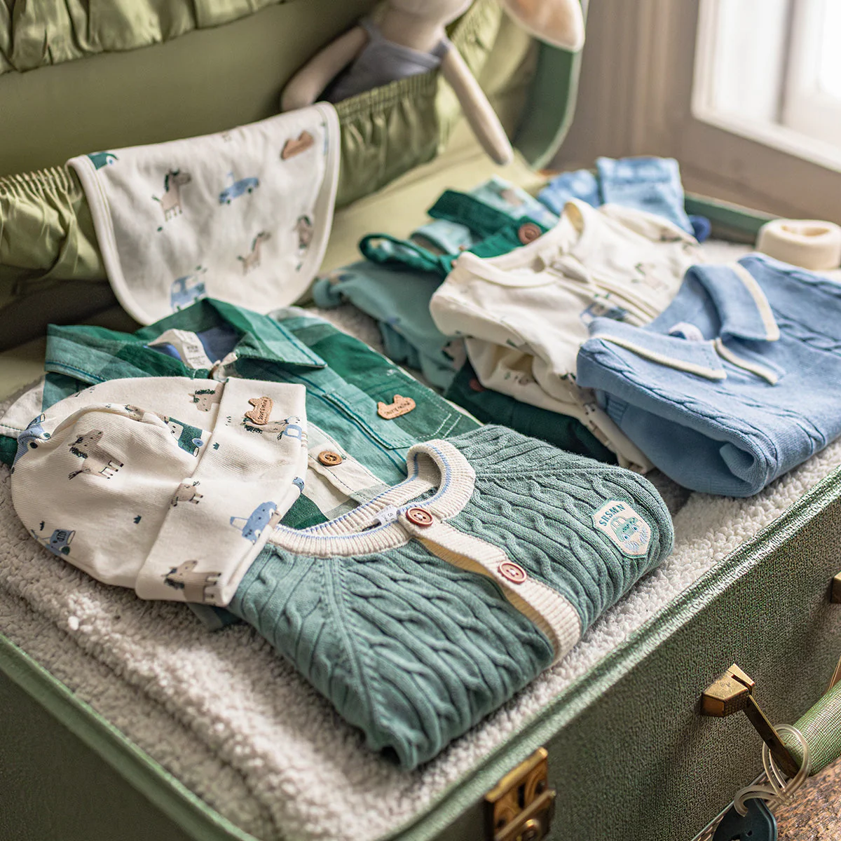 Cardigan en tricot turquoise cendré avec torsades verticales, naissance - Image 3
