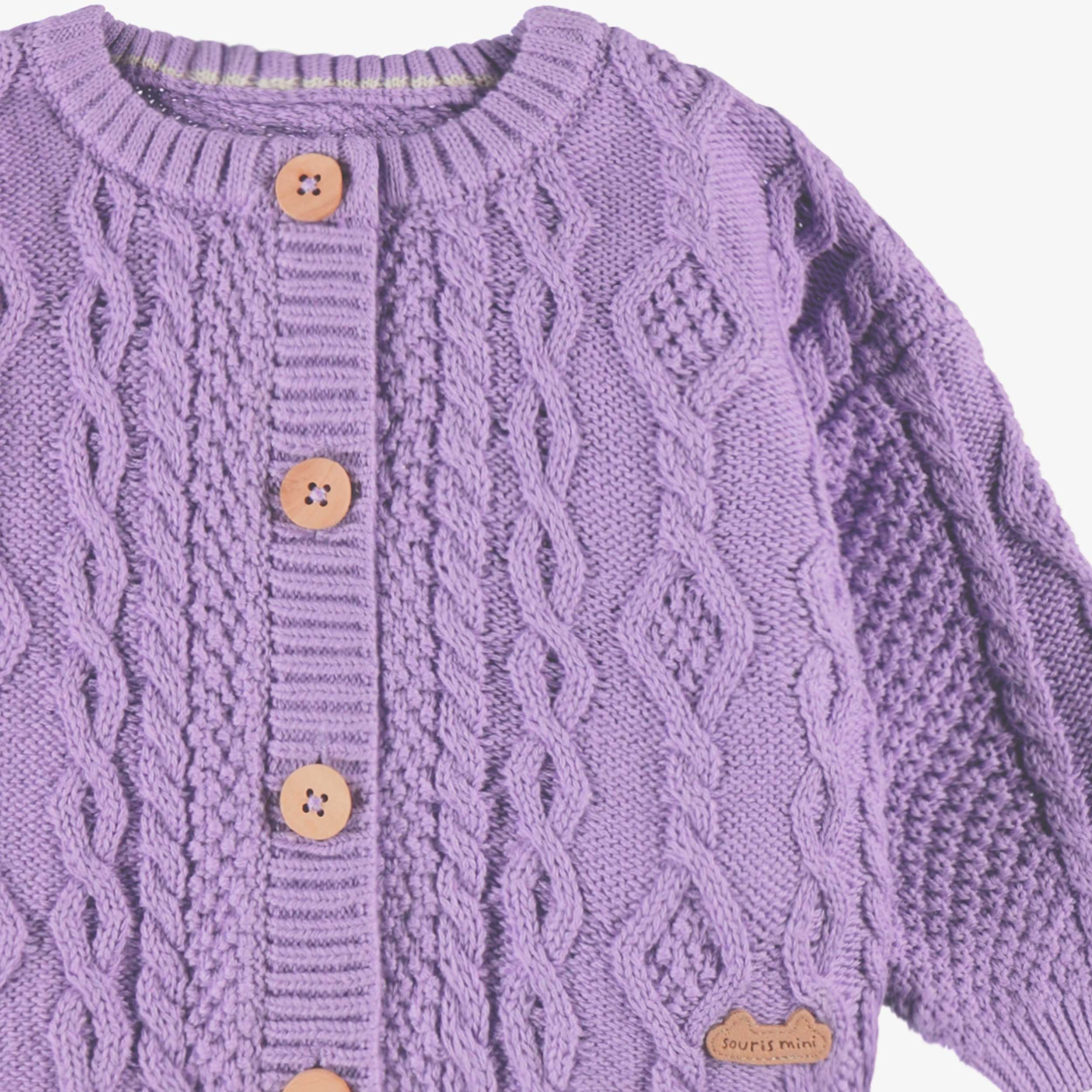Cardigan mauve en tricot torsadé, naissance - Image 2