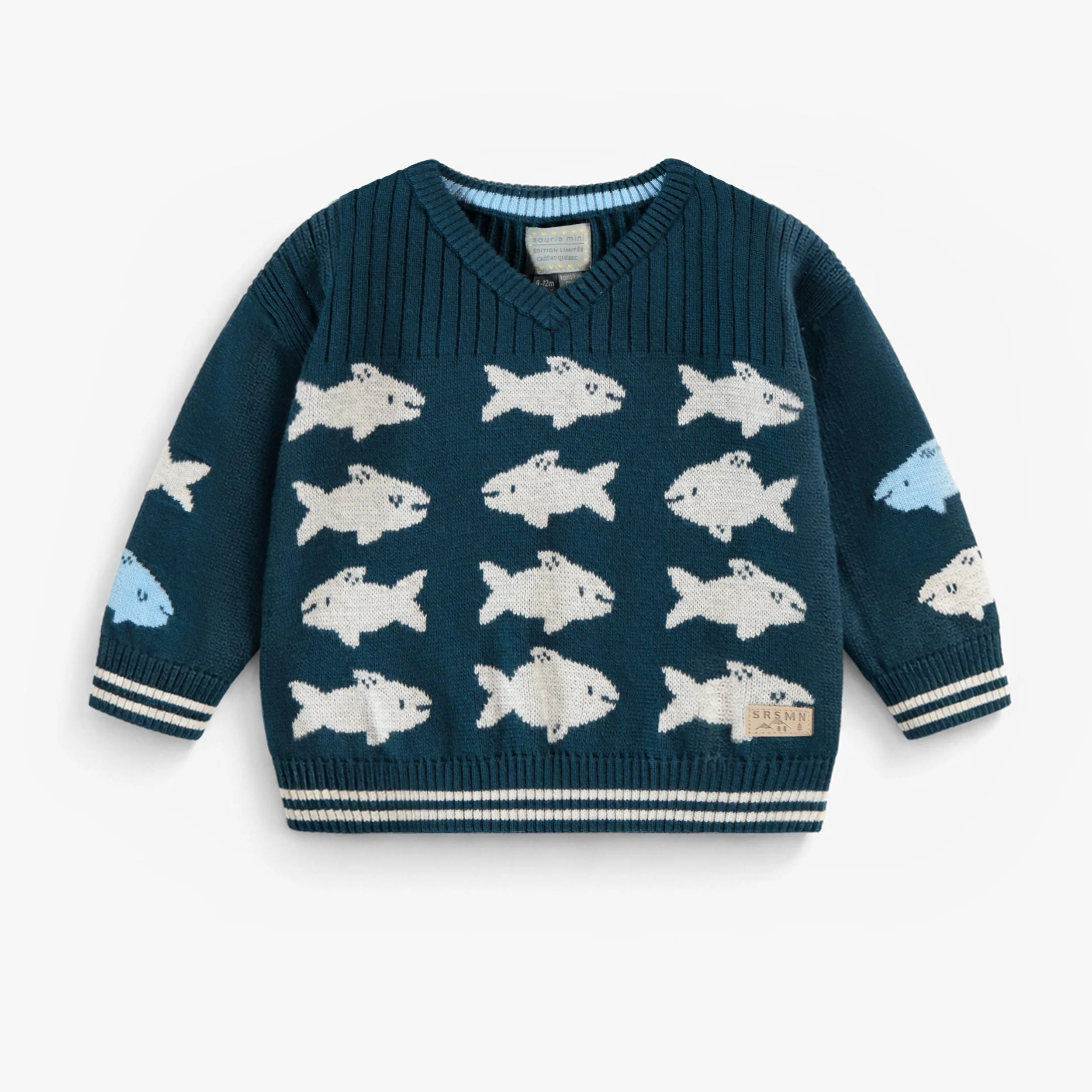 Chandail bleu en tricot avec poissons, bébé