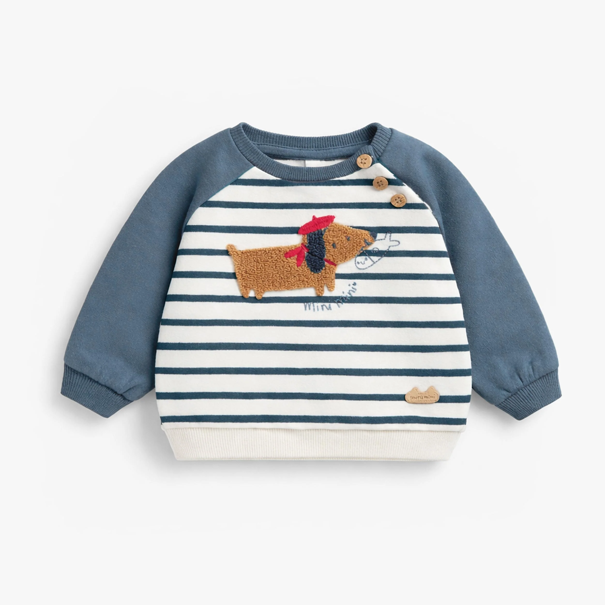 Chandail bleu et crème avec rayures et illustration, naissance