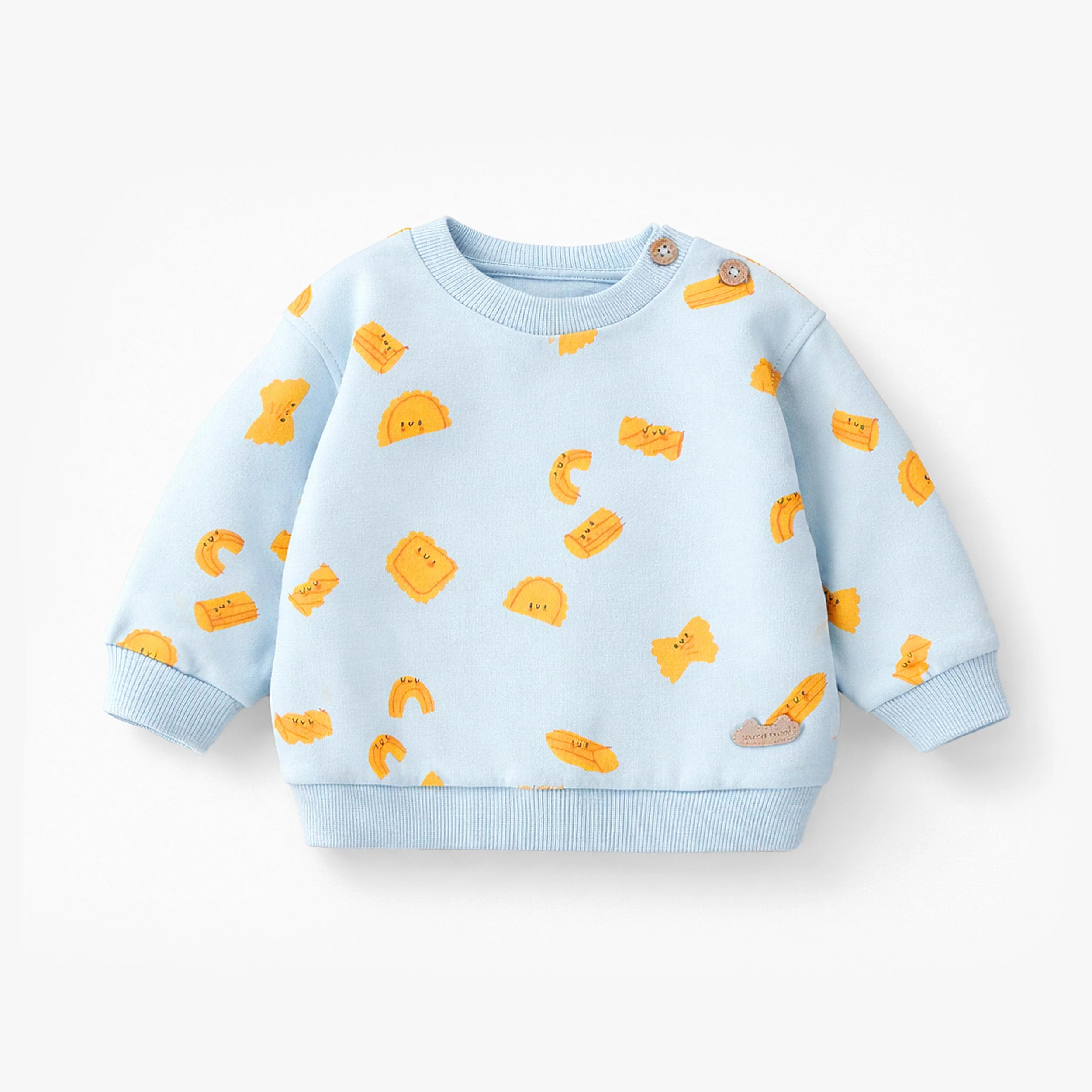 Chandail bleu à motifs de pâtes, naissance