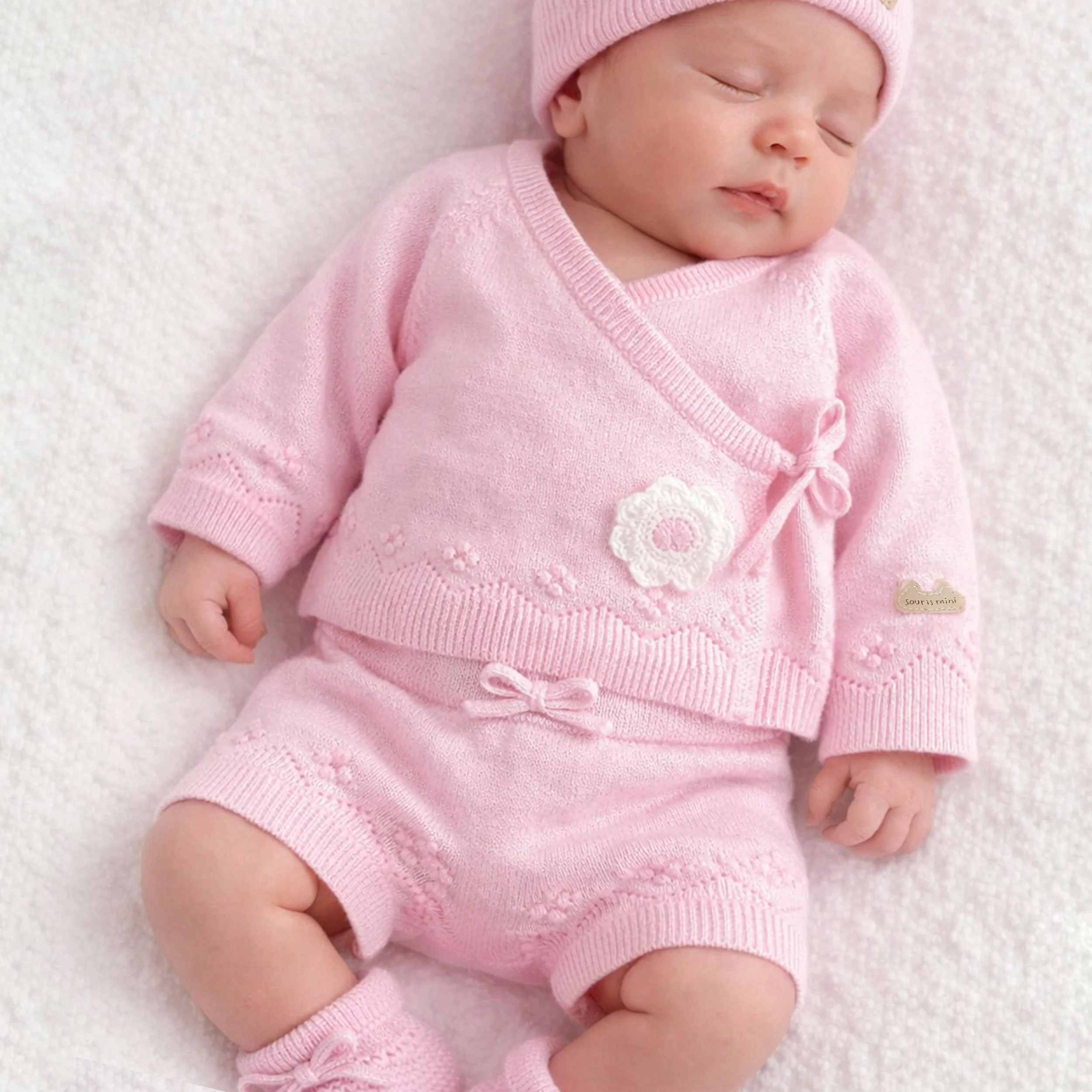 Chandail cache-cœur rose en tricot à motif pointelle, naissance - Image 2