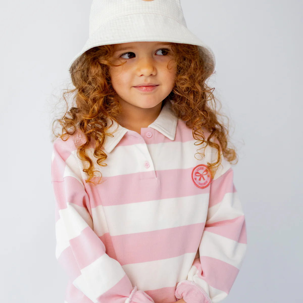 Chandail crème et rose à rayures avec col polo, enfant - Image 2