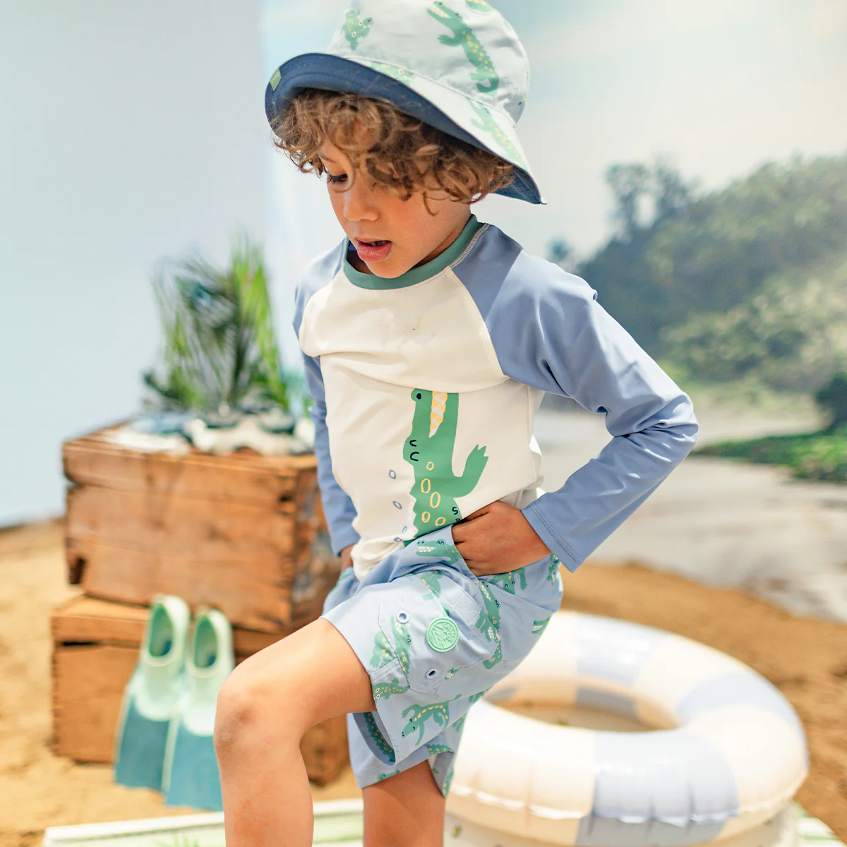 Chandail de bain bleu et crème avec crocodile, enfant - Image 4