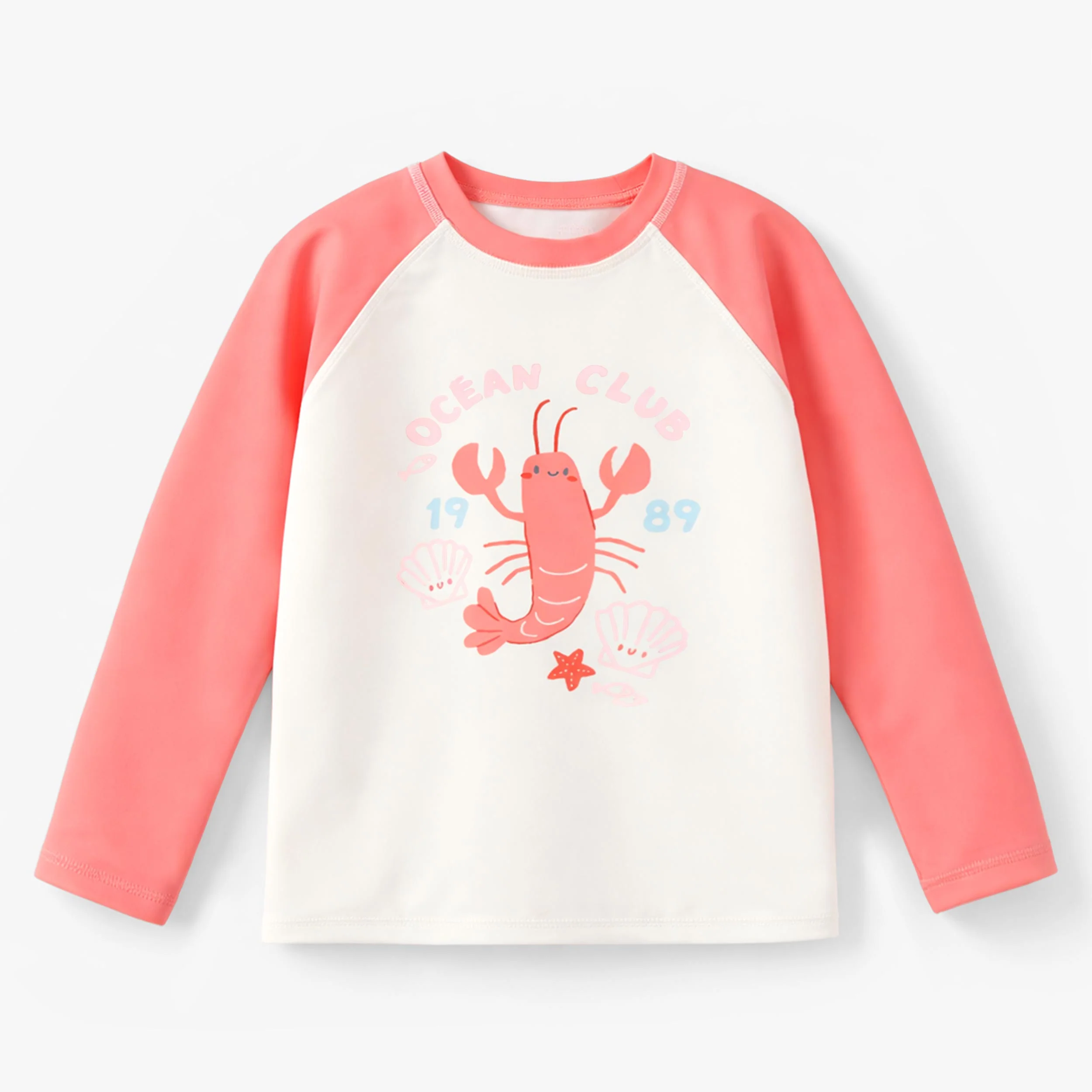 Chandail de bain rose corail et crème avec illustration, enfant || Coral pink and cream rashguard wi