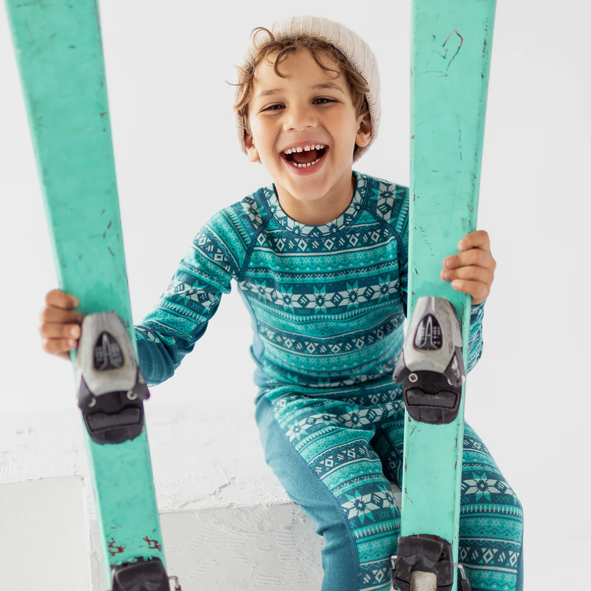 Chandail turquoise en laine mérinos avec motifs jacquard, enfant - Image 3