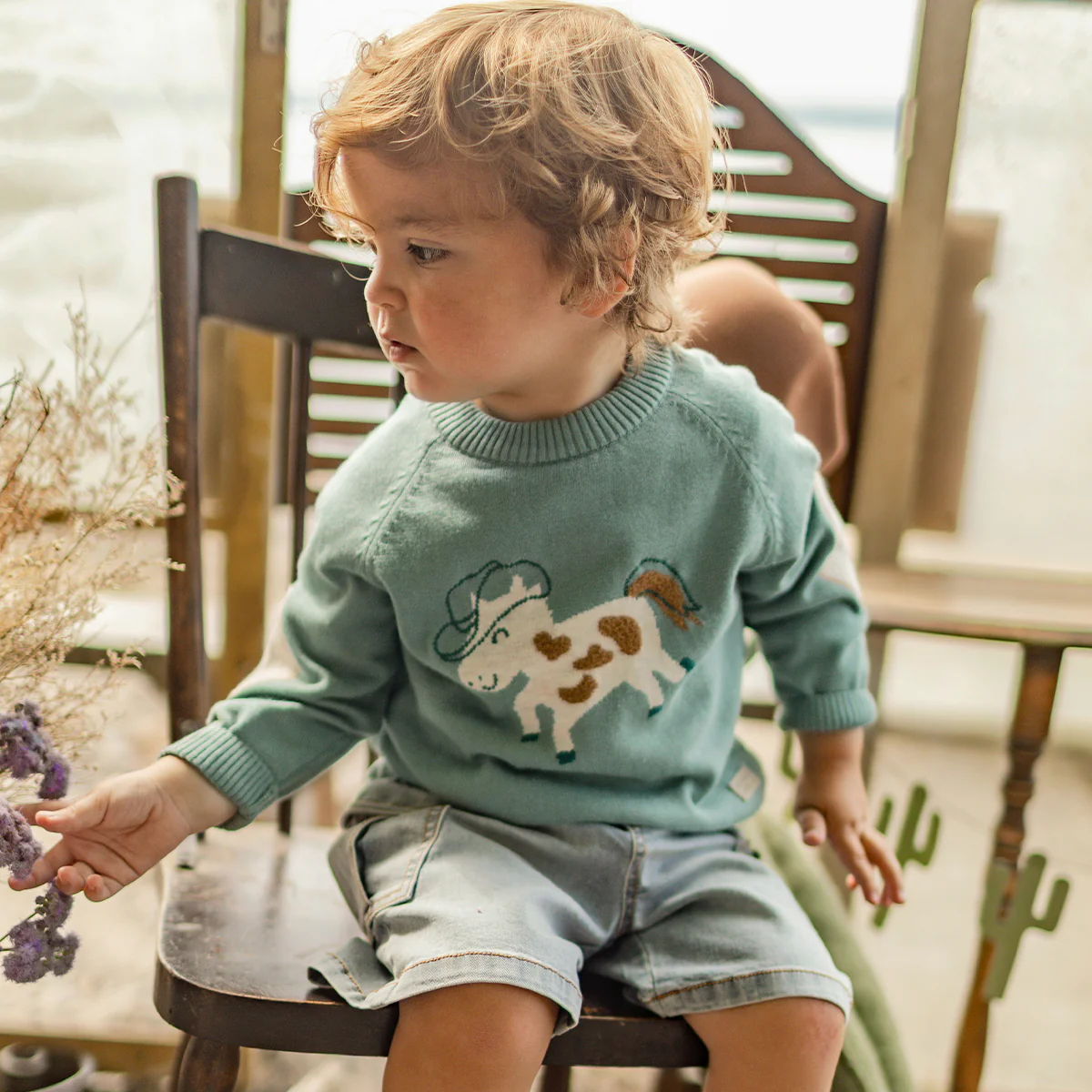 Chandail turquoise en tricot à motif de cheval, bébé - Image 3
