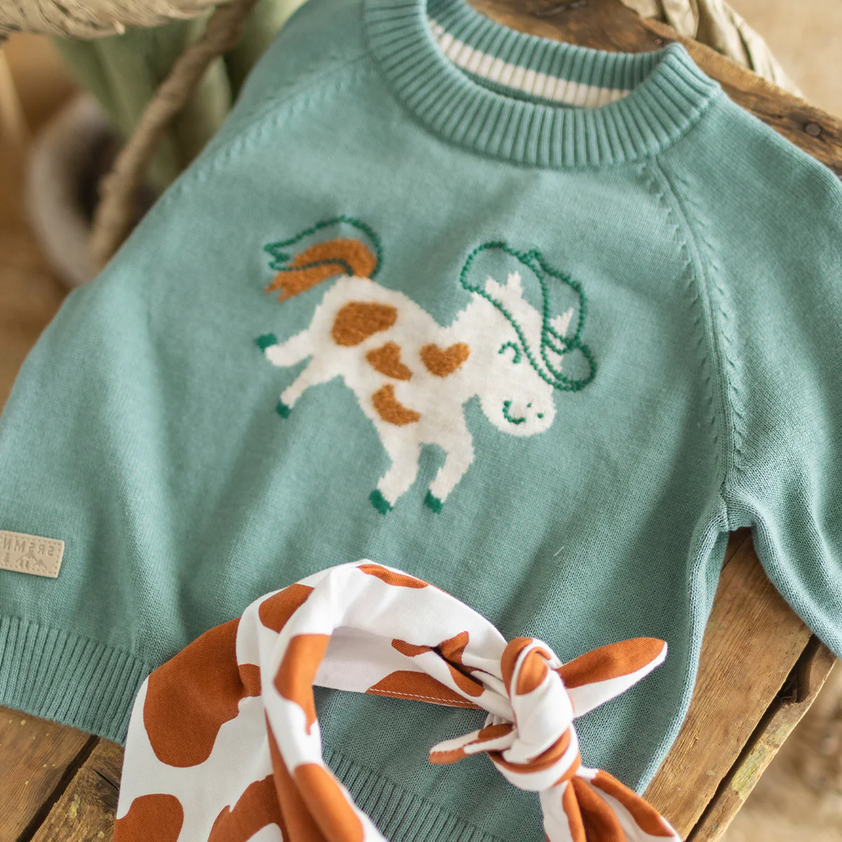 Chandail turquoise en tricot à motif de cheval, bébé - Image 4