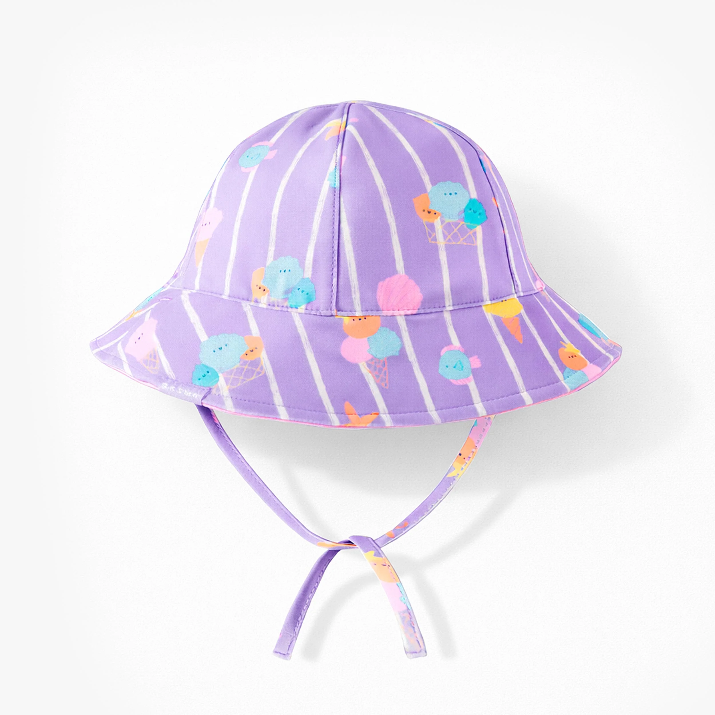 Chapeau de soleil réversible mauve avec rayures et motifs, bébé