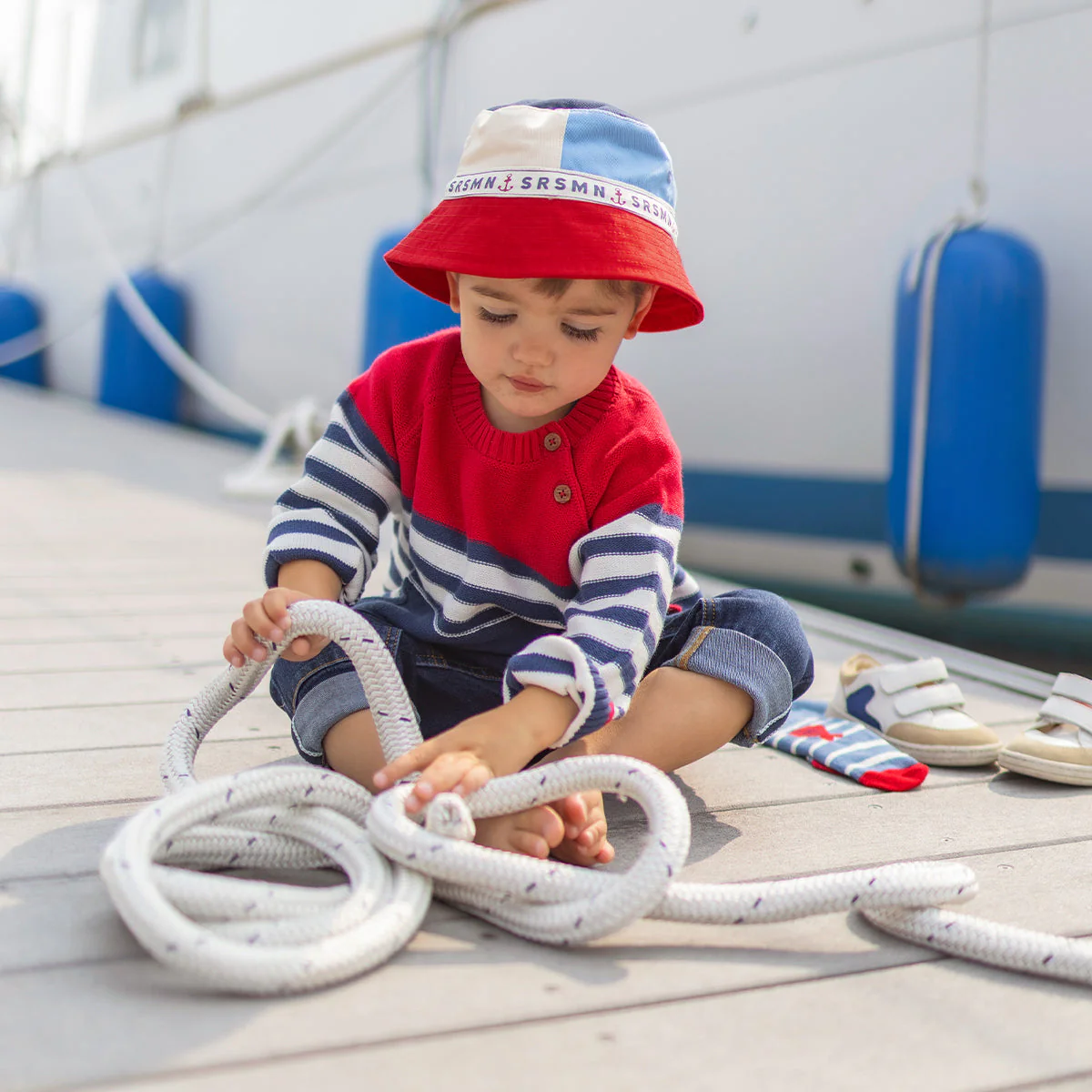 Chapeau de soleil rouge, bleu et crème en twill, bébé - Image 2