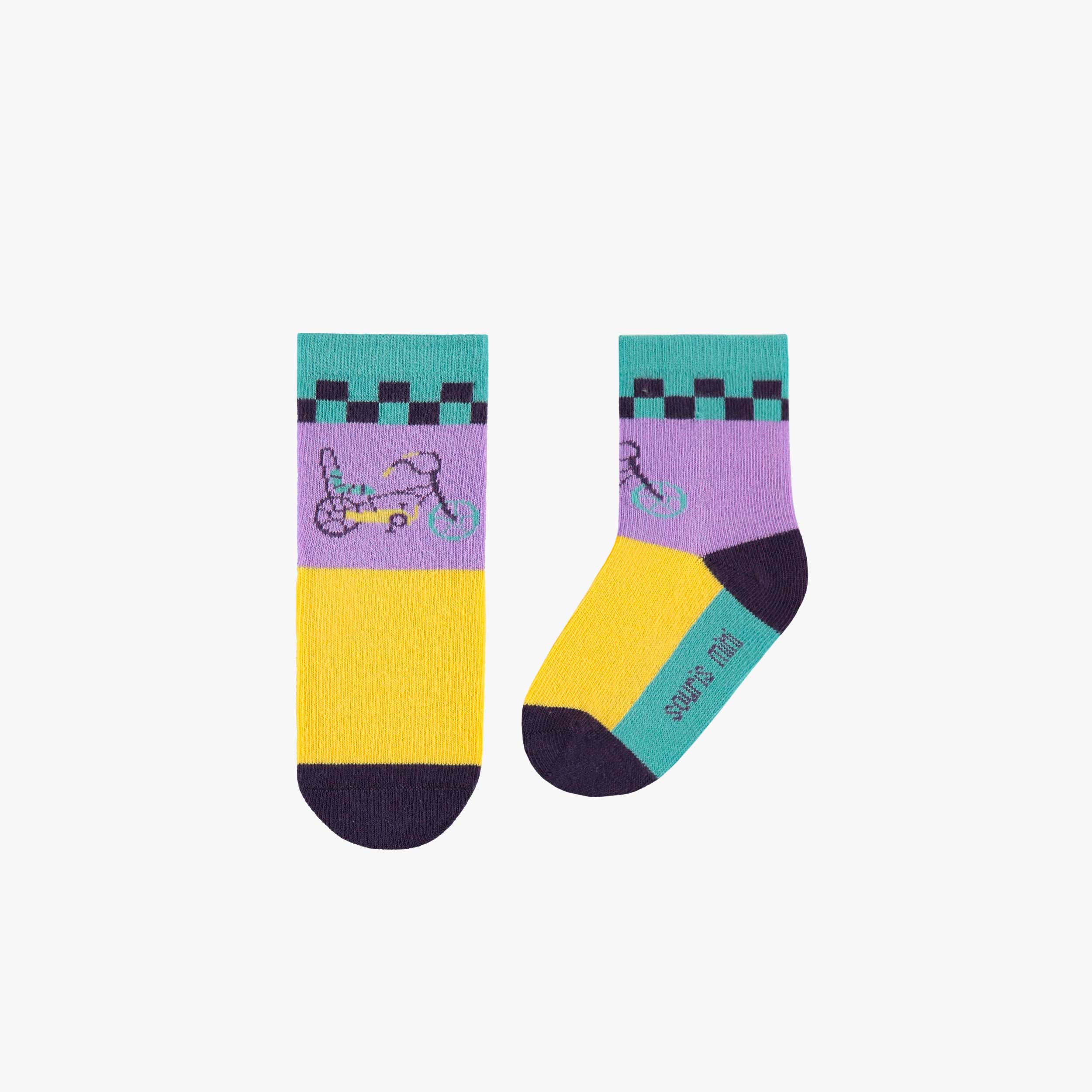 Chaussettes jaunes, mauves et turquoise avec une bicyclette, bébé