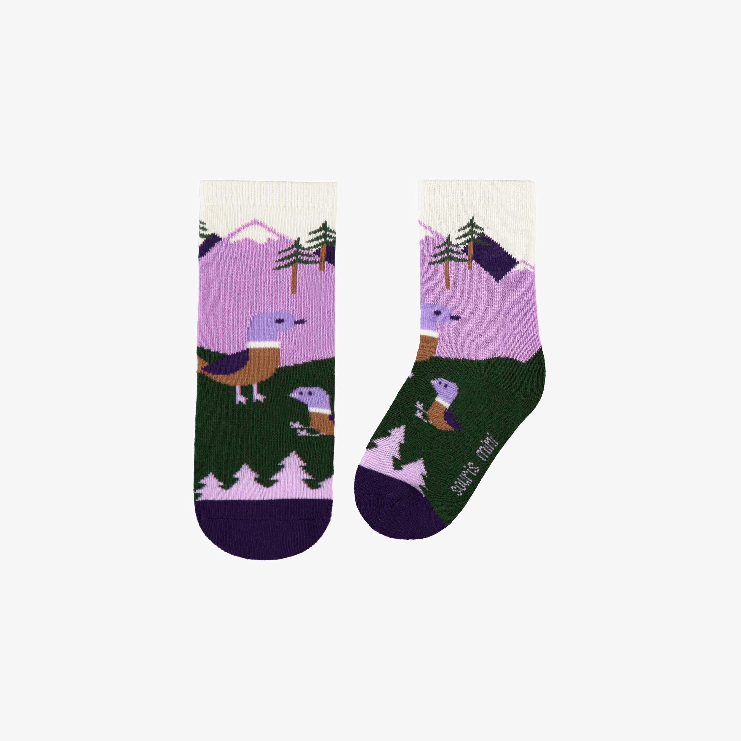 Chaussettes mauves et vertes avec un paysage et des canards, bébé