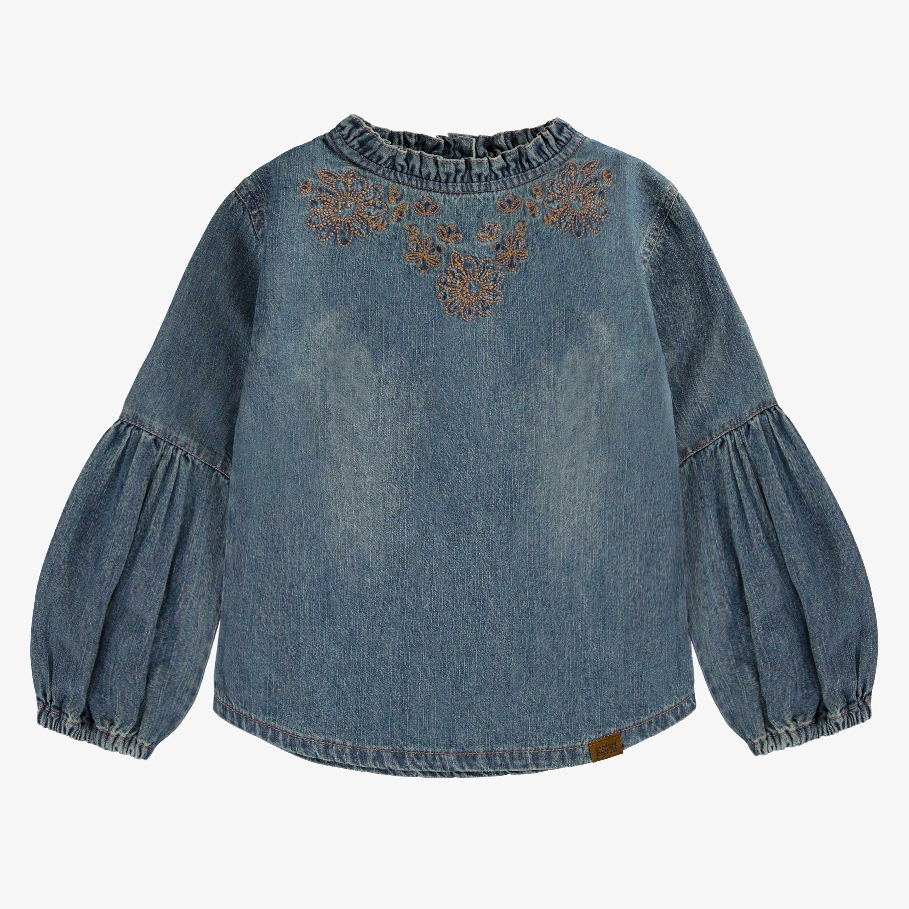 Chemise à manches longues avec broderies en denim léger, bleu moyen, enfant