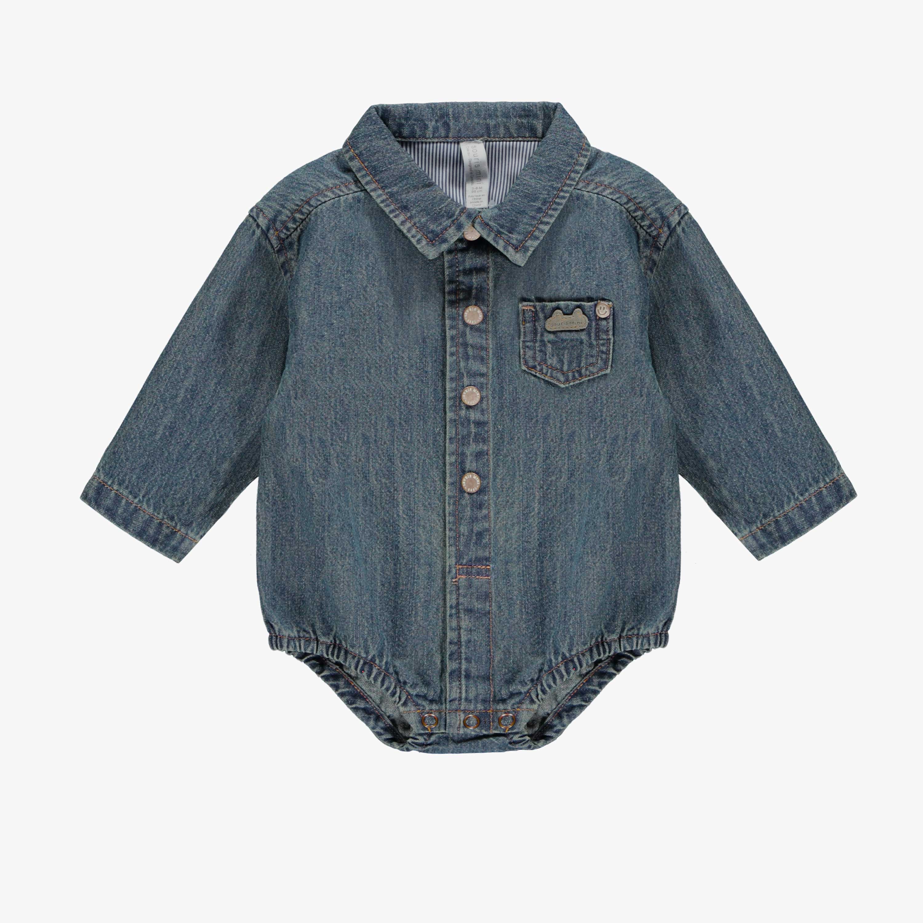 Chemise cache-couche à manches longues en denim bleu moyen, naissance