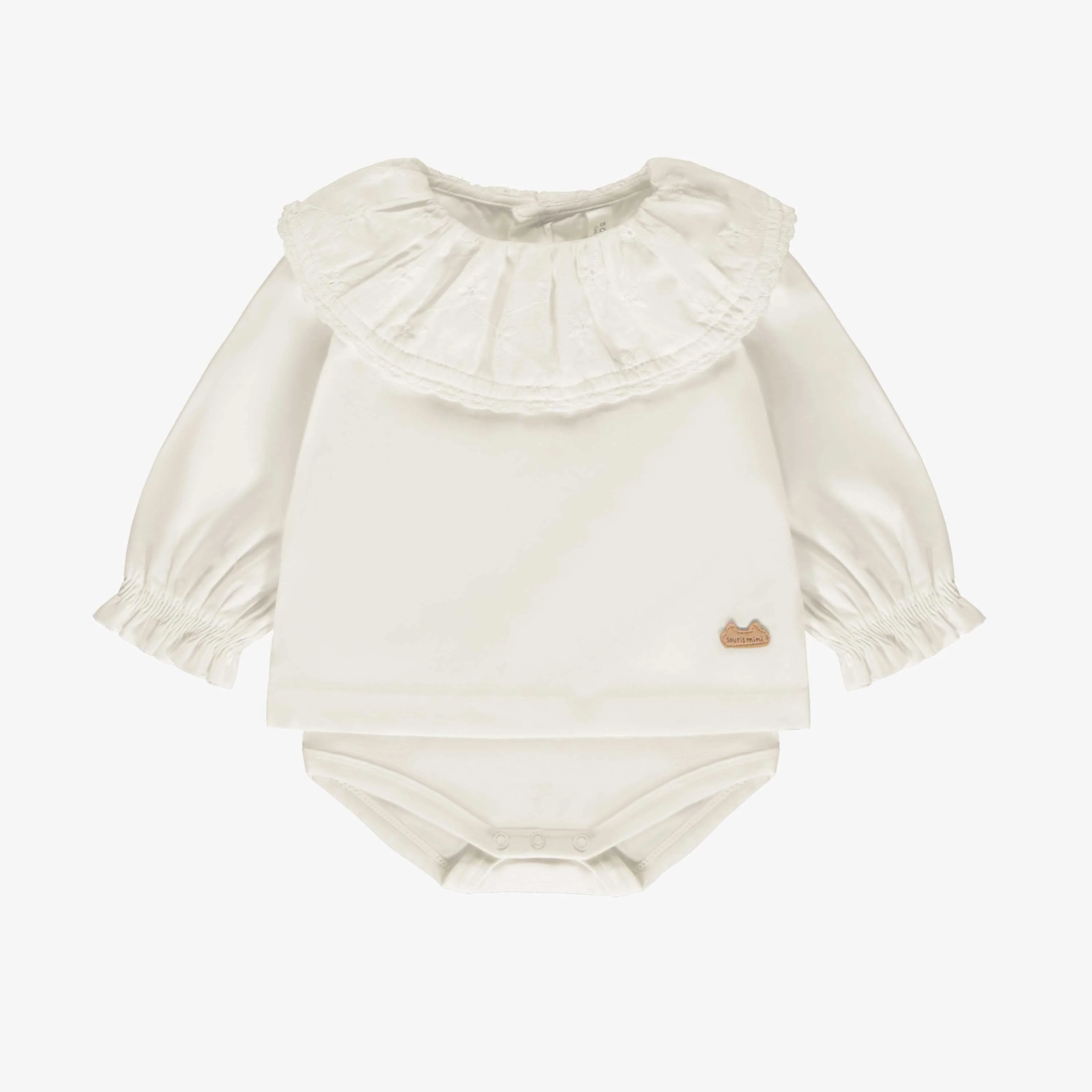 Chemise cache-couche blanche avec col à volant en popeline, naissance