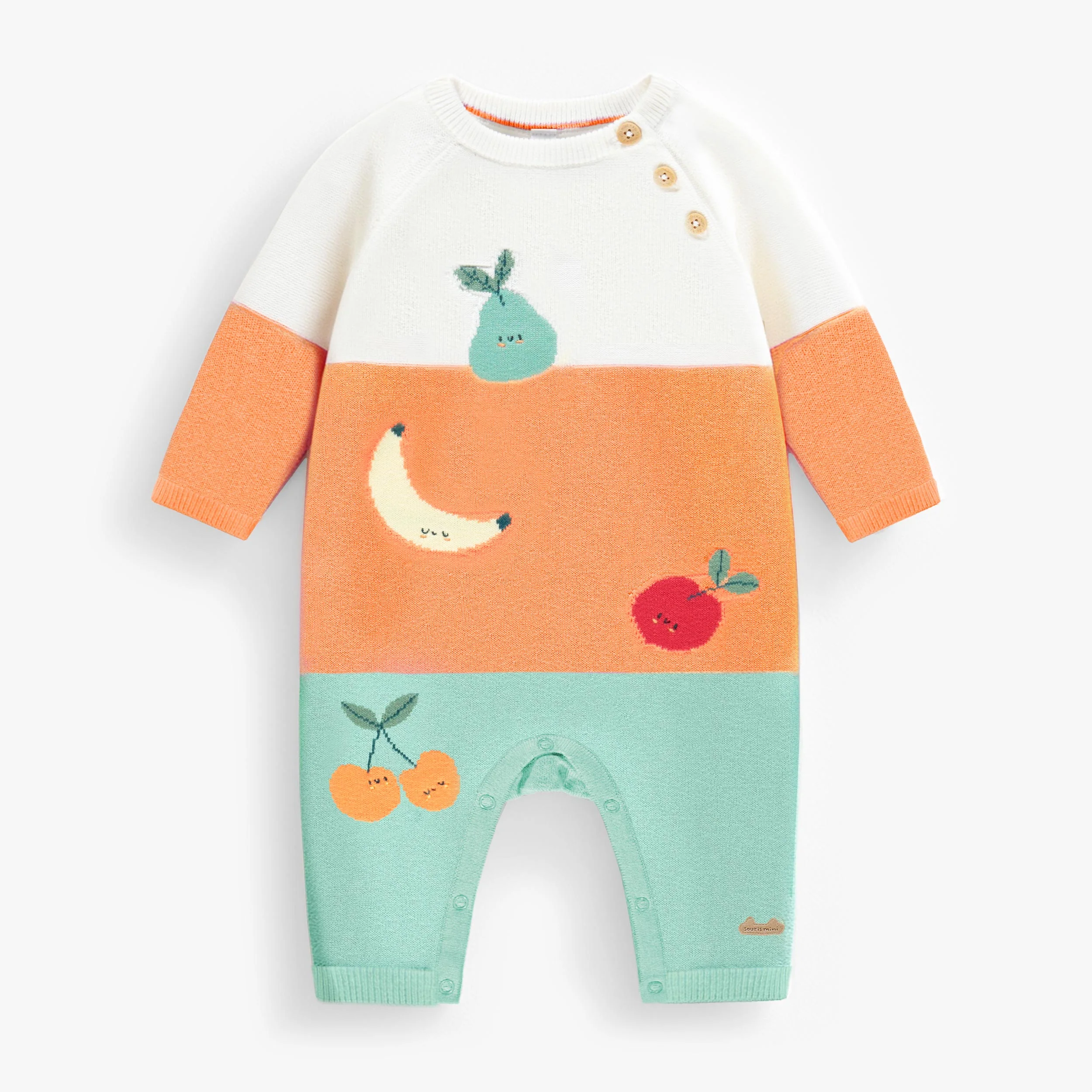 Combinaison crème, orange et turquoise en tricot avec motifs fruités, naissance