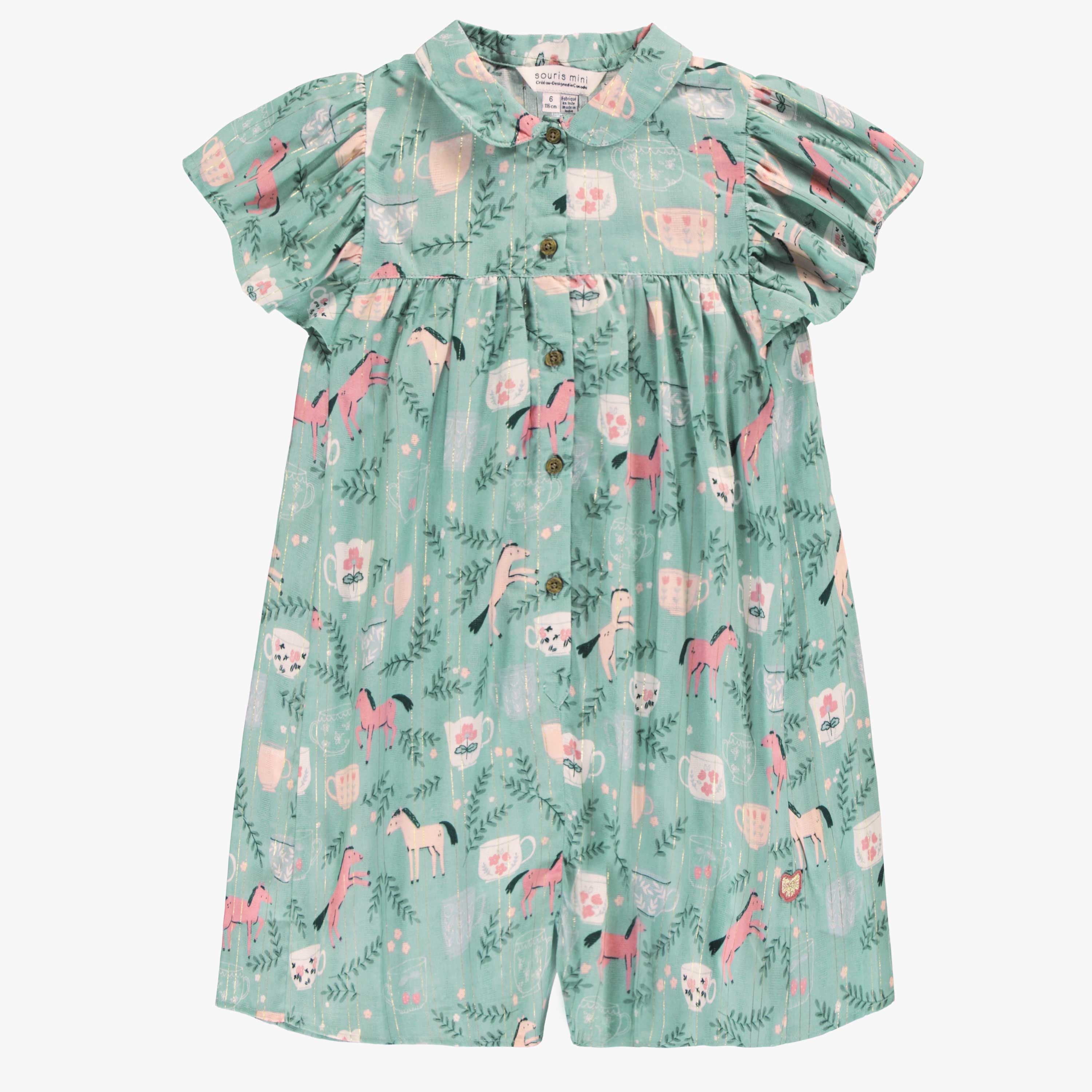 Combishort turquoise cendré en popeline scintillante à motifs de chevaux, enfant