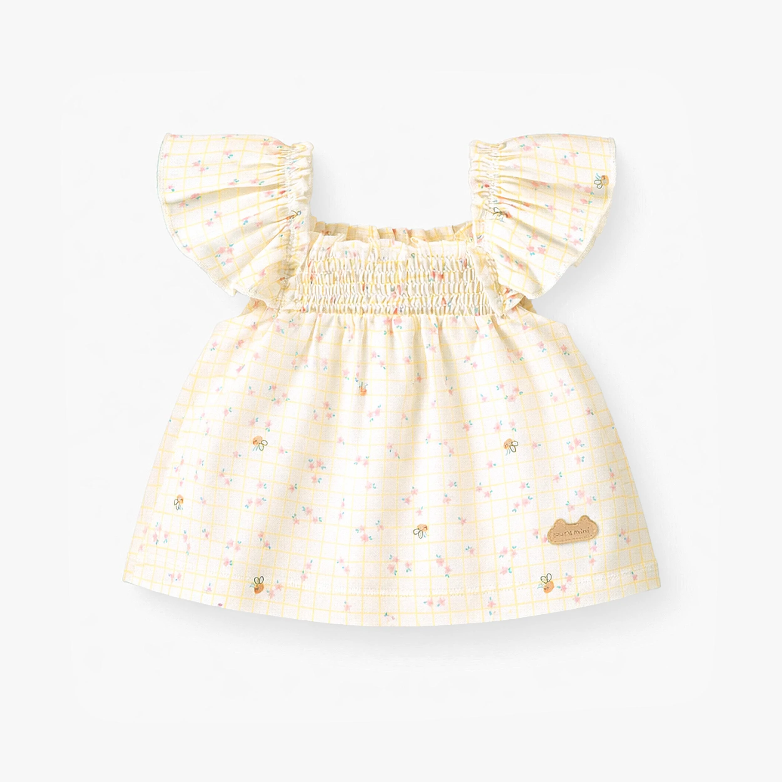 Ensemble deux pièces crème à carreaux et motif floral, naissance - Image 7