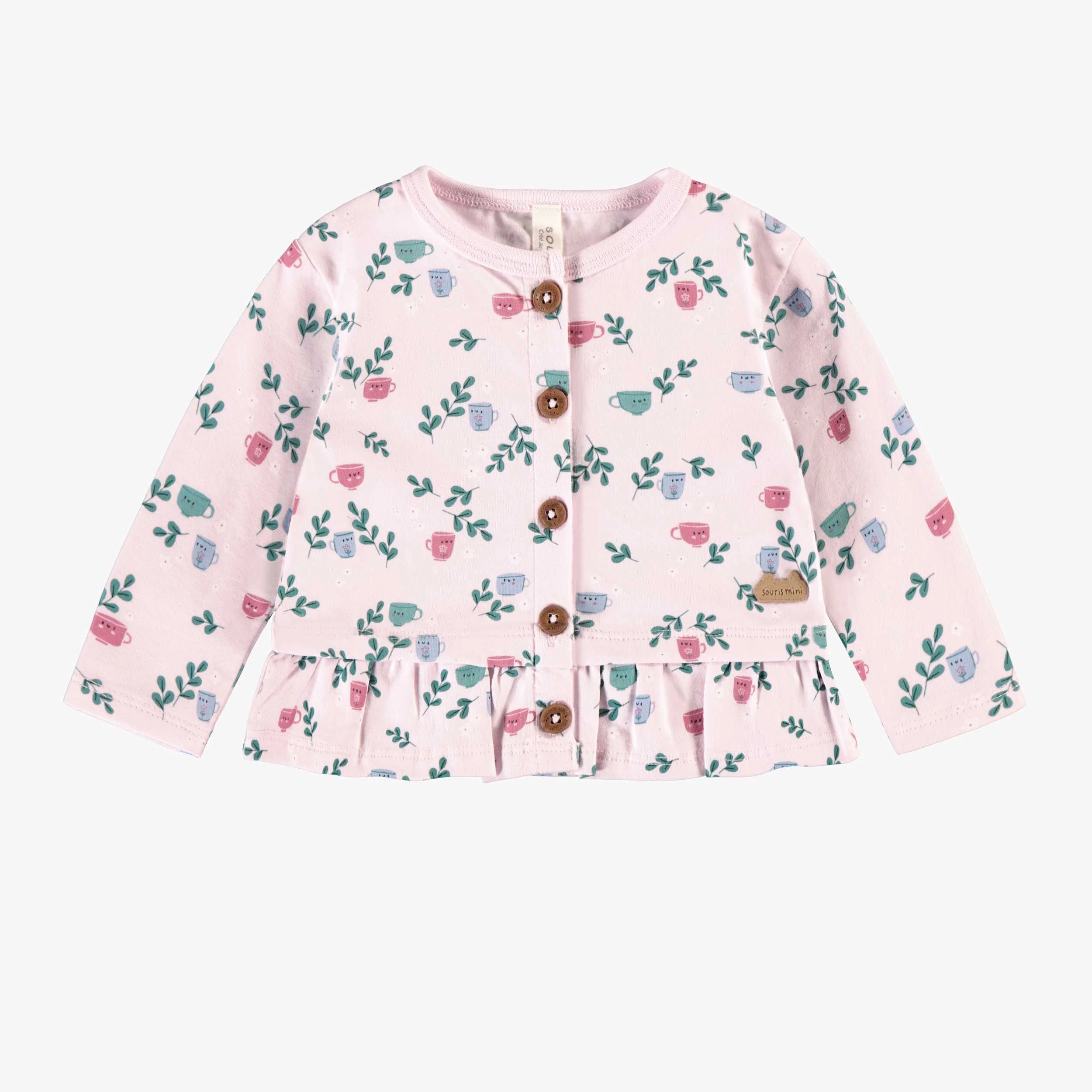 Ensemble deux pièces rose en jersey extensible à motifs de tasses, naissance - Image 2