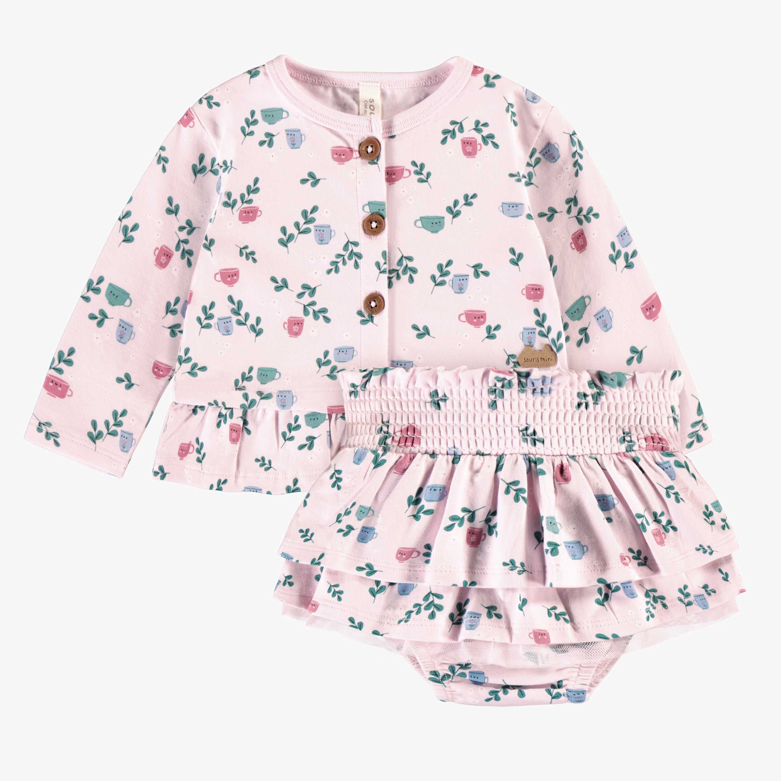 Ensemble deux pièces rose en jersey extensible à motifs de tasses, naissance - Image 4