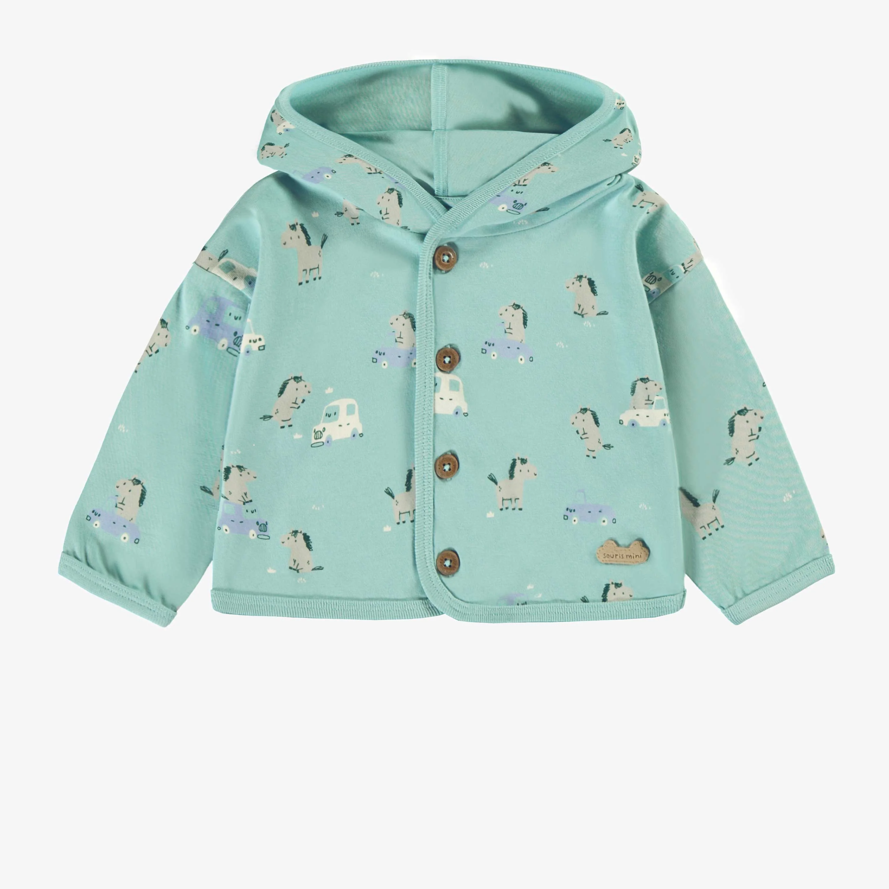 Ensemble deux pièces turquoise cendré à motifs de chevaux, naissance - Image 2
