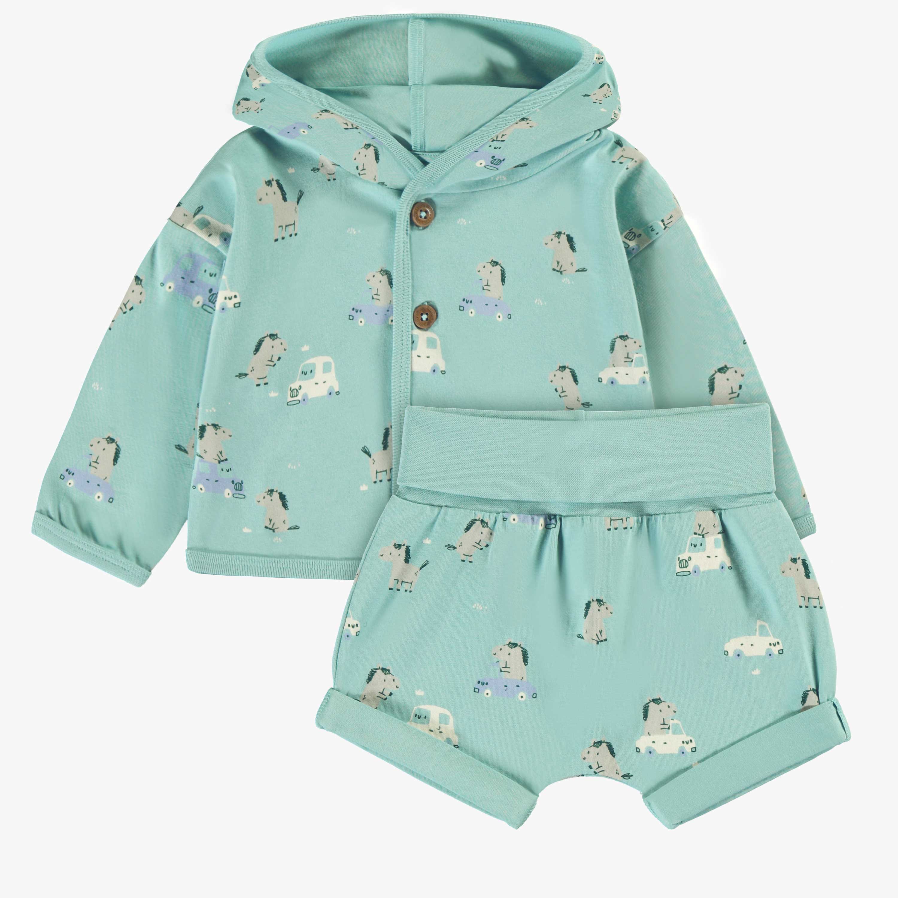 Ensemble deux pièces turquoise cendré à motifs de chevaux, naissance - Image 5