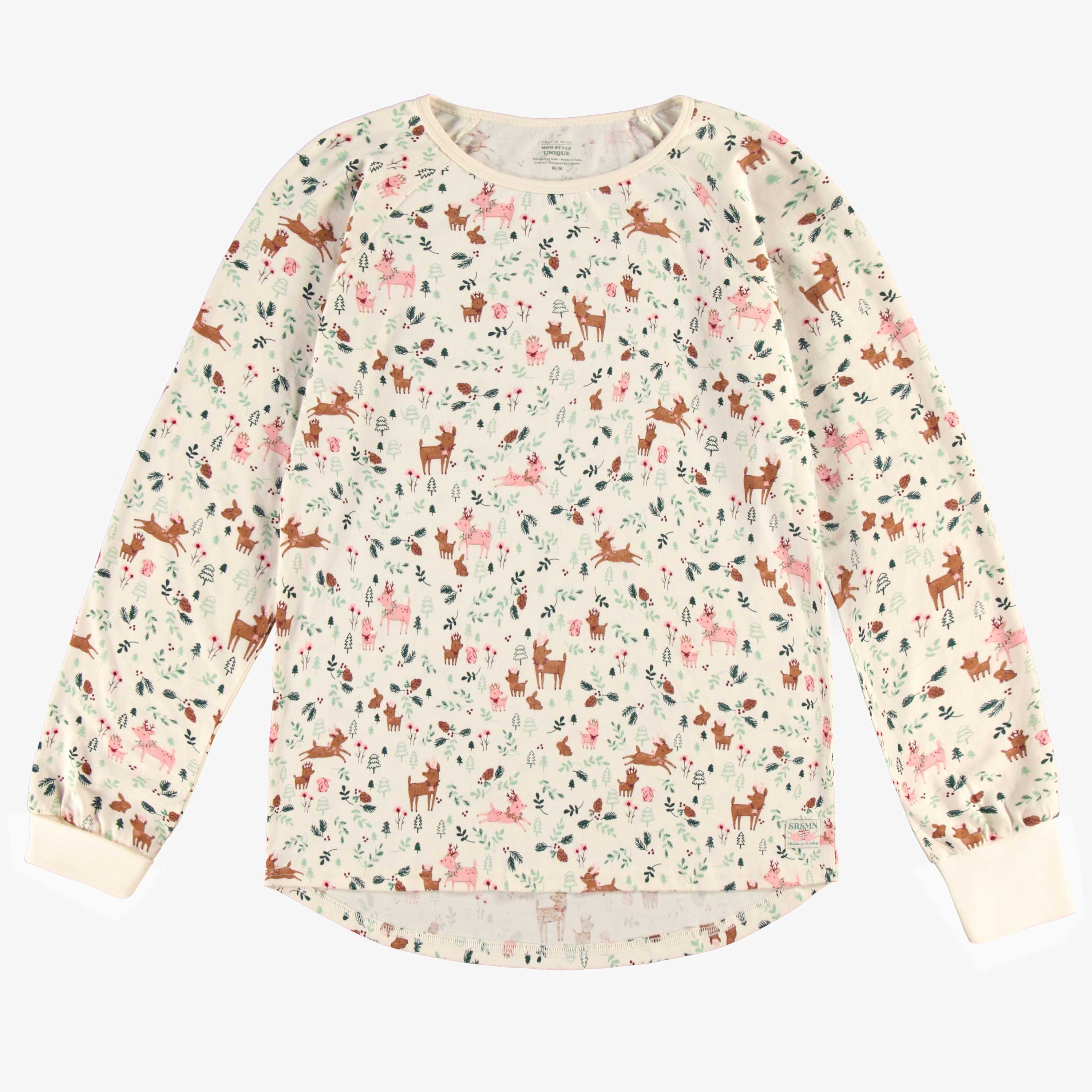 Haut de pyjama des fêtes crème en jersey à motifs de rennes, adulte