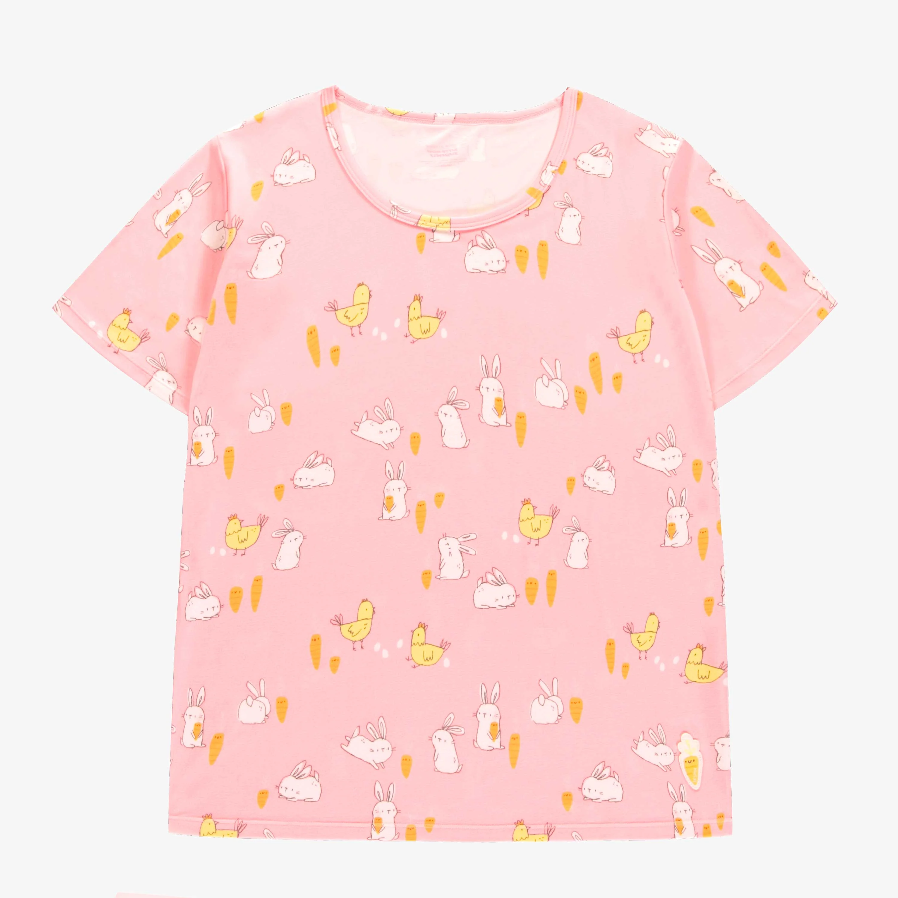 Haut de pyjama rose avec motif de lapins et de poulets, adulte