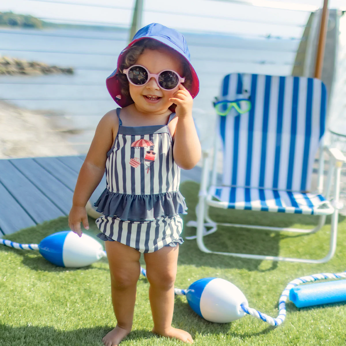Maillot de bain deux pièces bleu et blanc à volants, bébé - Image 4