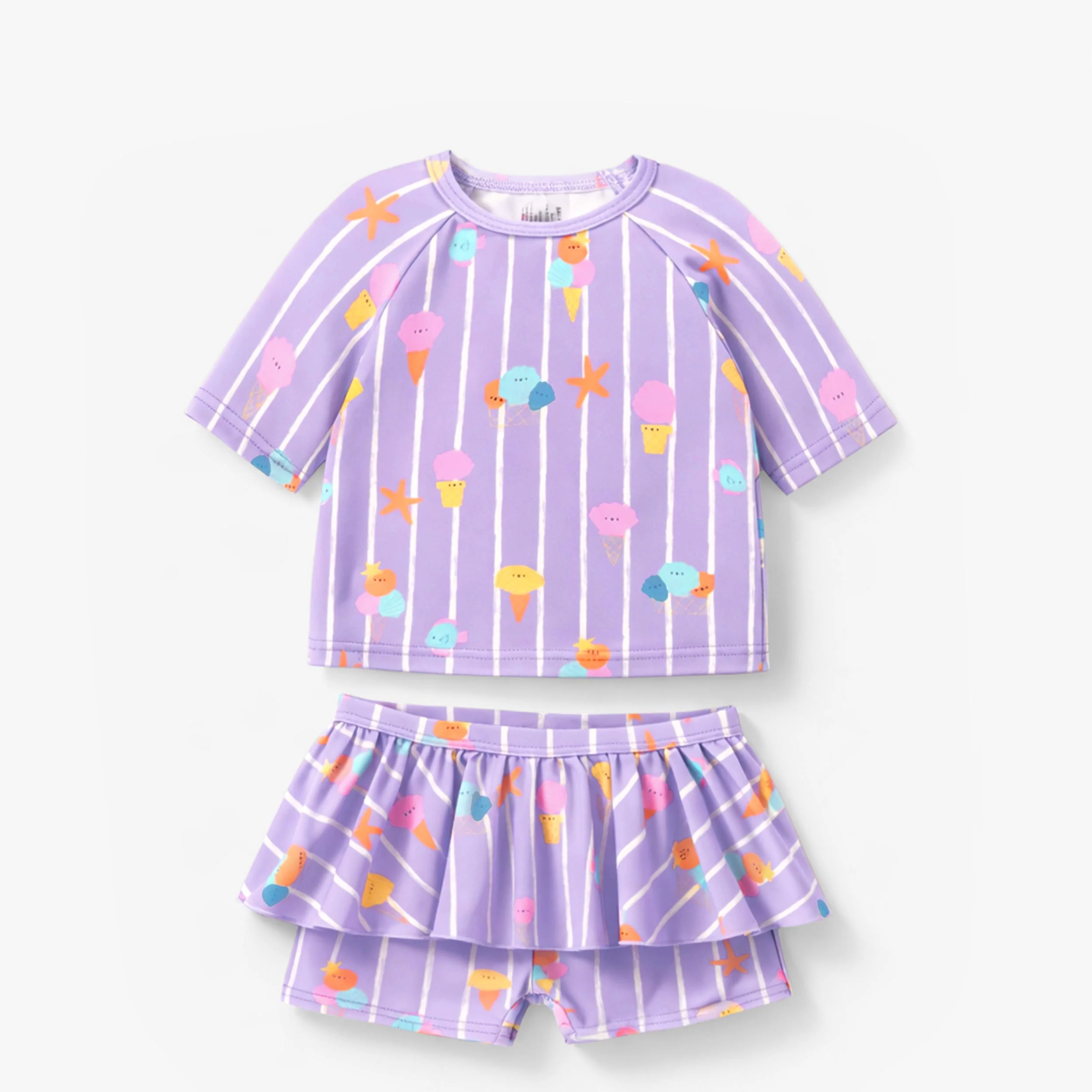 Maillot de bain deux pièces mauve avec rayures et motifs, bébé