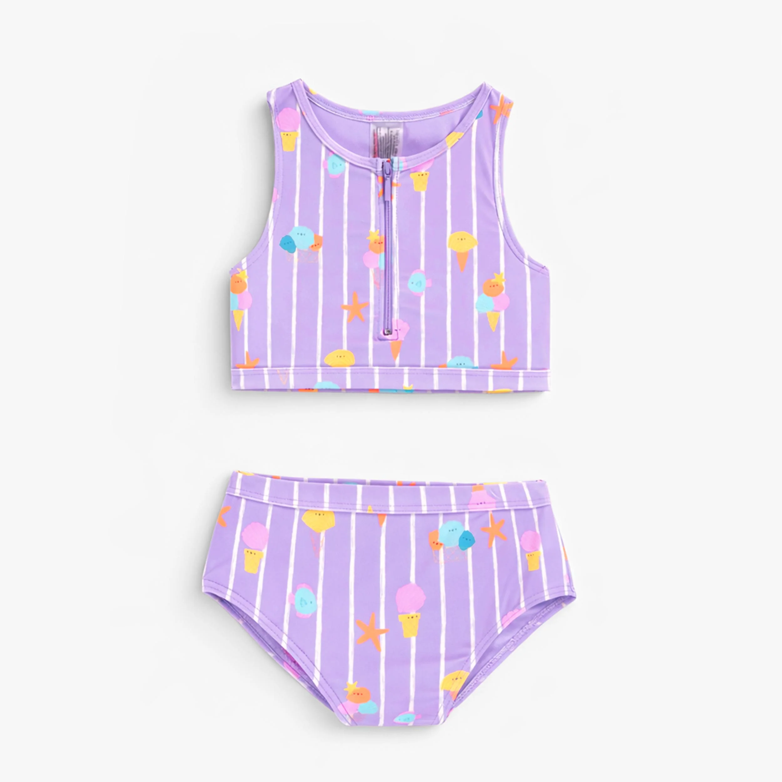 Maillot de bain deux pièces mauve avec rayures et motifs, enfant