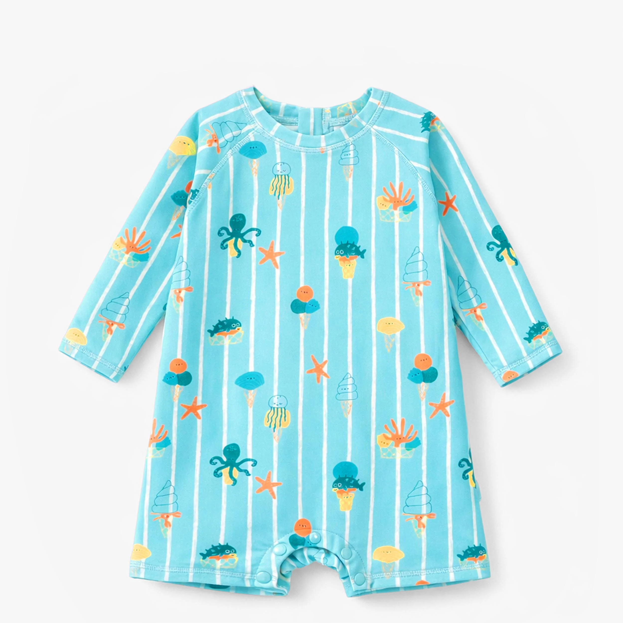 Maillot de bain une pièce bleu avec rayures et motifs, bébé