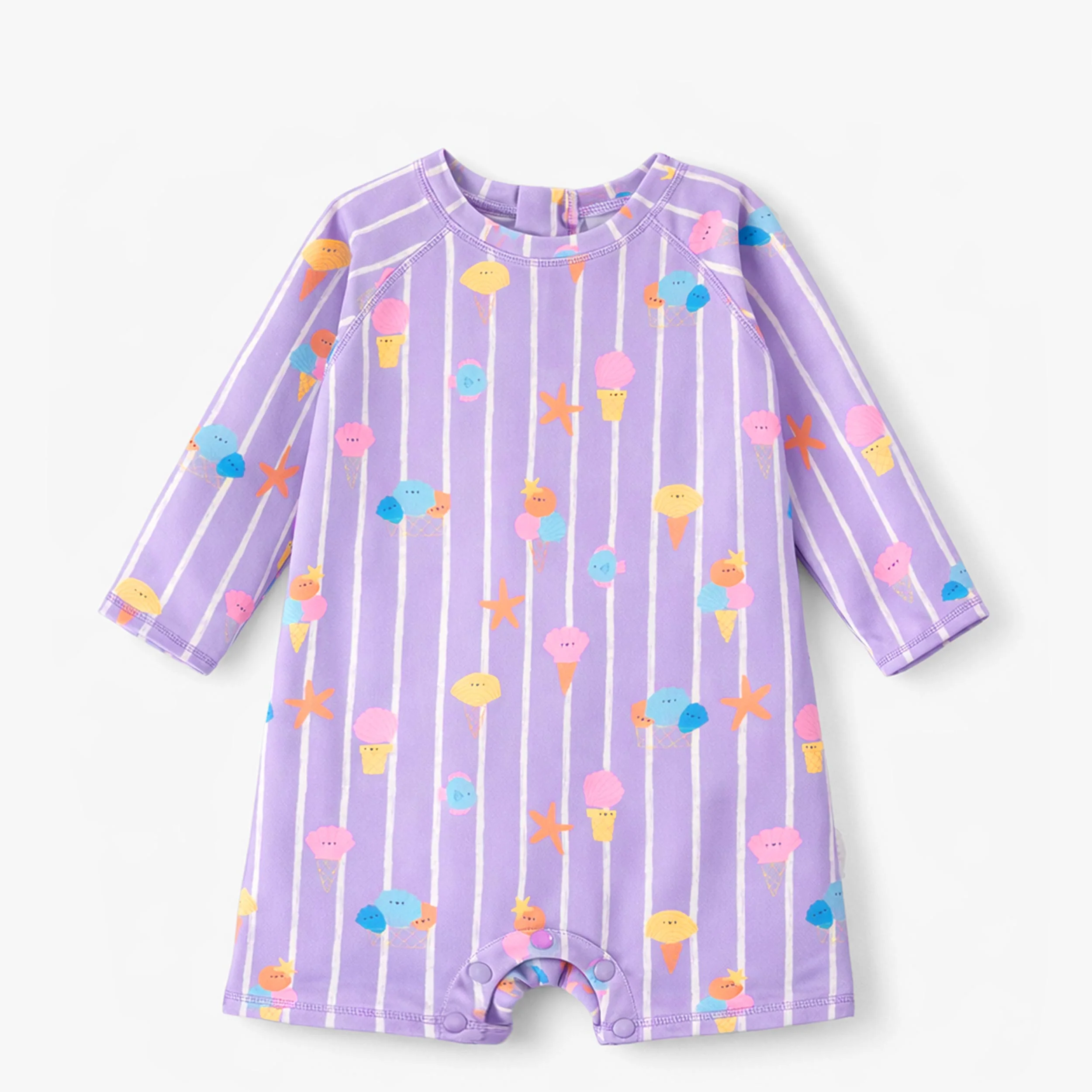 Maillot de bain une pièce mauve avec rayures et motifs, bébé
