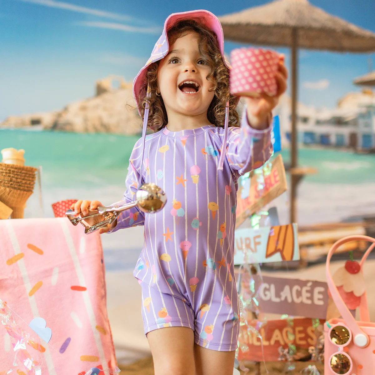 Chapeau de soleil réversible mauve avec rayures et motifs, bébé - Image 6