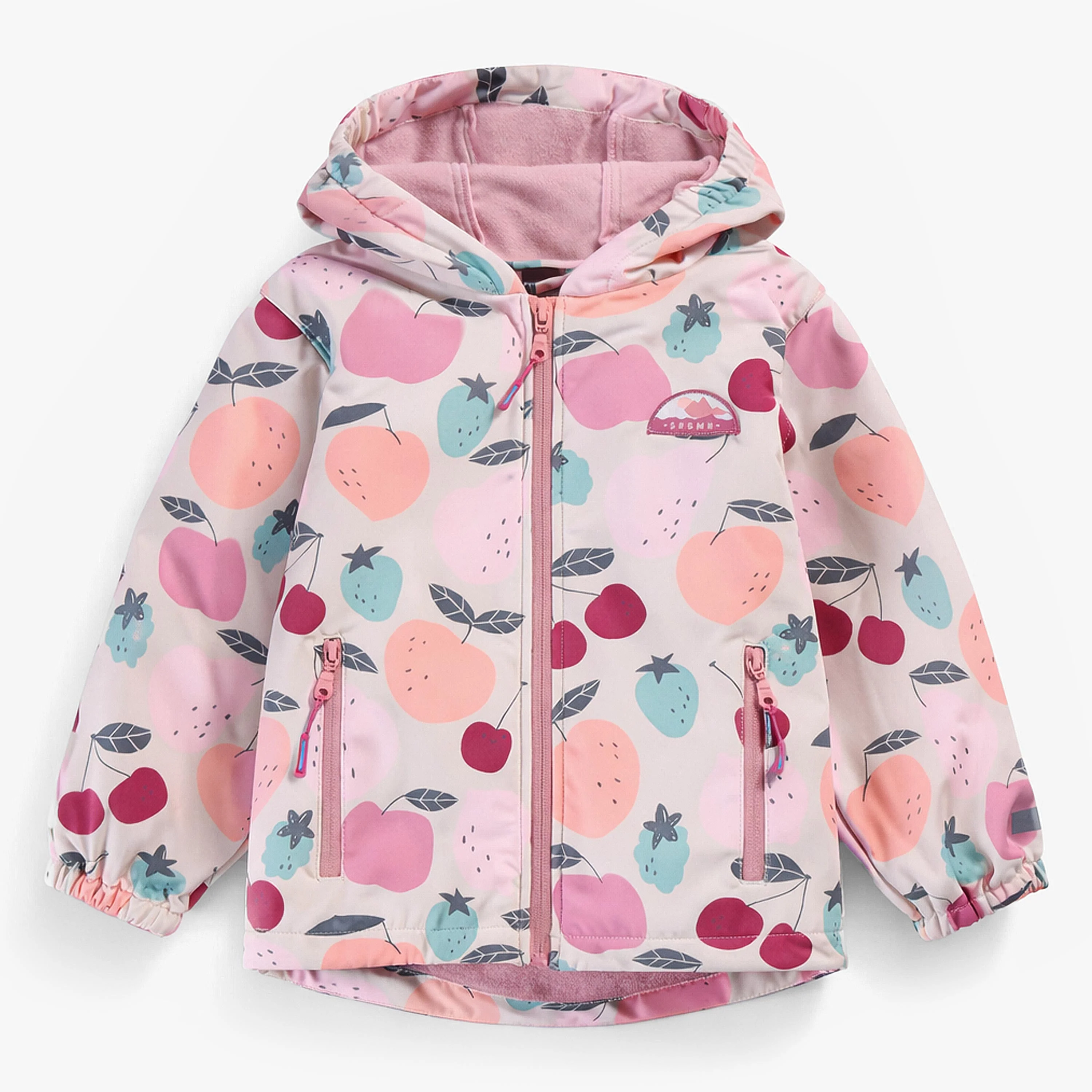 Manteau beige en coquille souple avec motifs de fruits, enfant