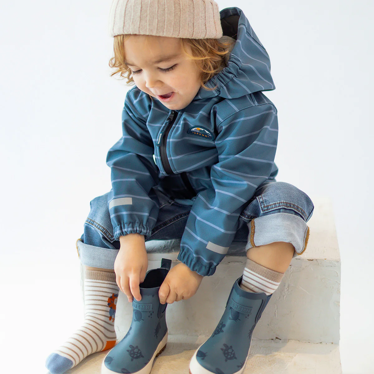 Manteau bleu en coquille souple avec rayures, bébé - Image 2