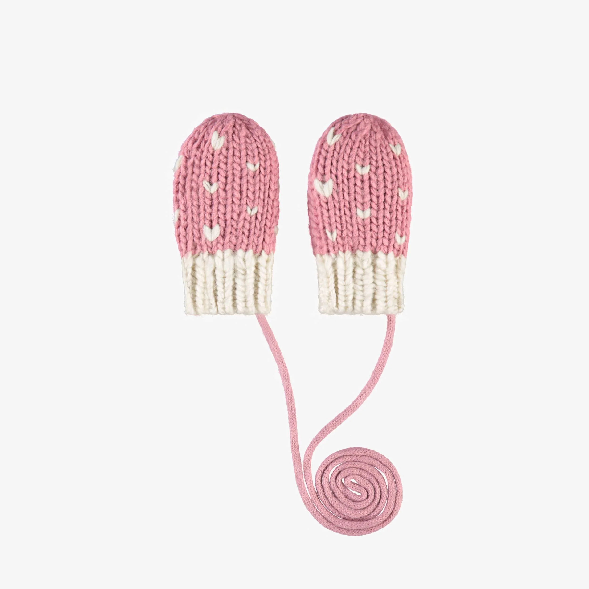Mitaines rose et crème en tricot avec cœurs, bébé