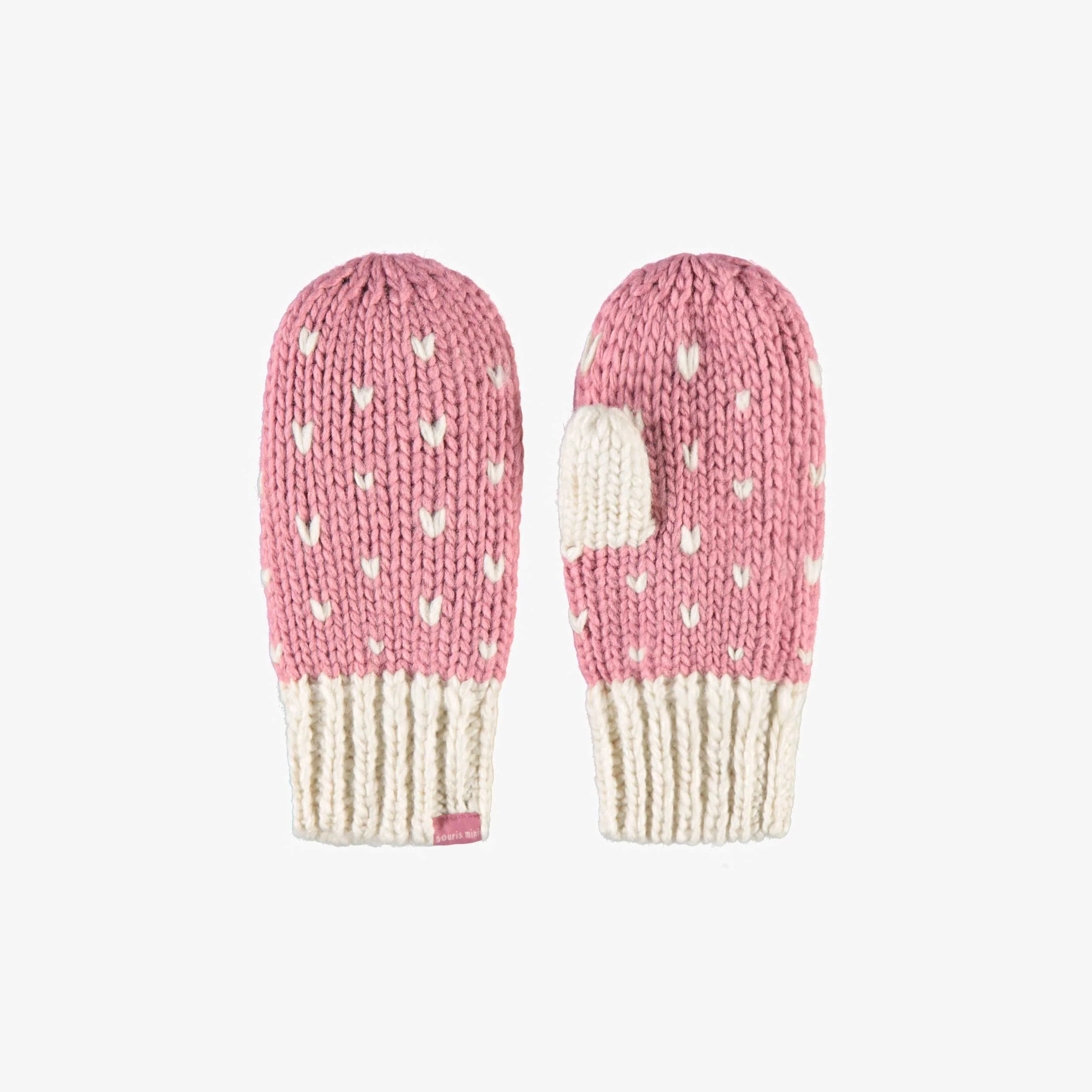 Mitaines rose et crème en tricot avec cœurs, enfant