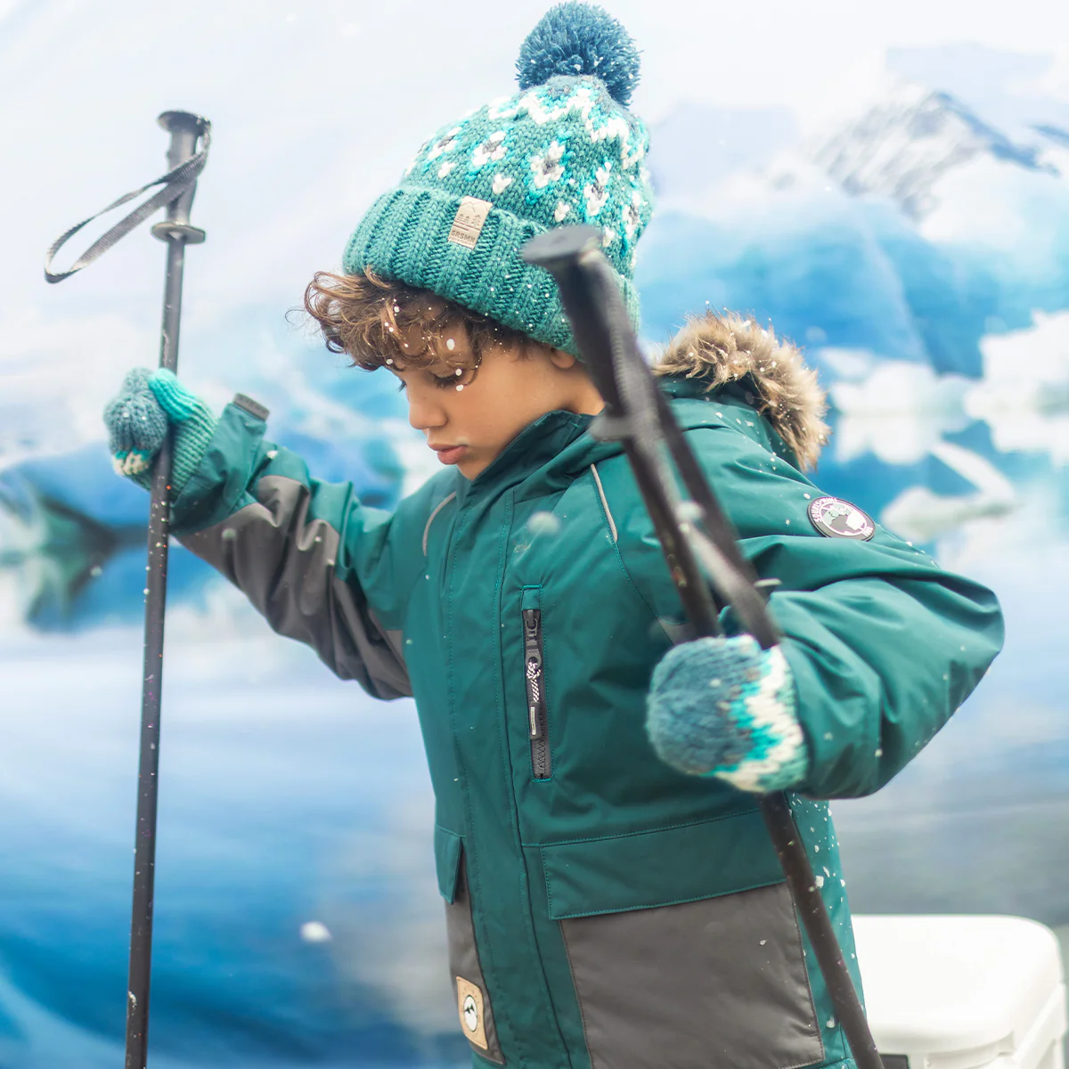 Mitaines turquoise en tricot avec motifs, enfant - Image 3